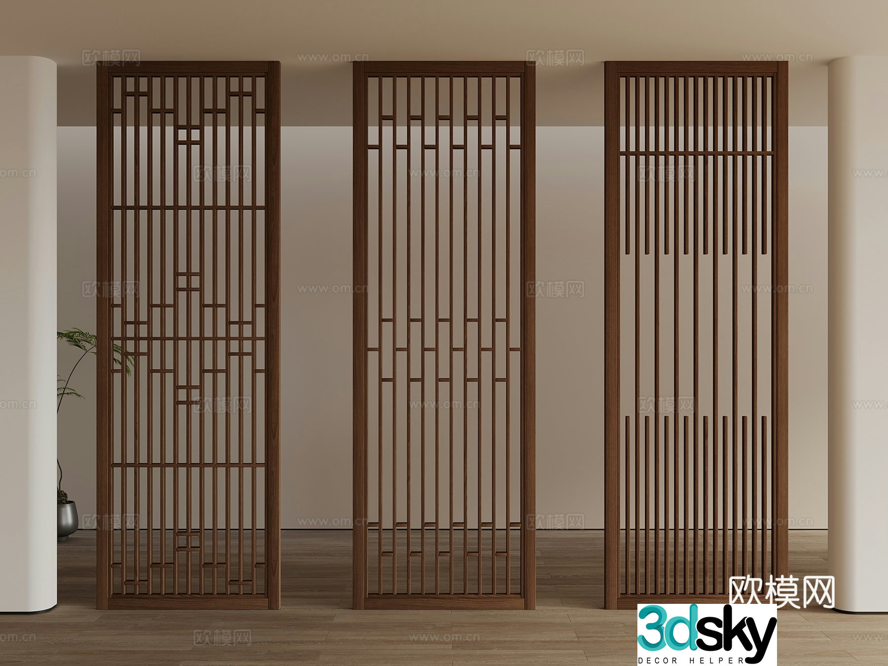 New Chinese style partition screen grid wooden partition 3d model