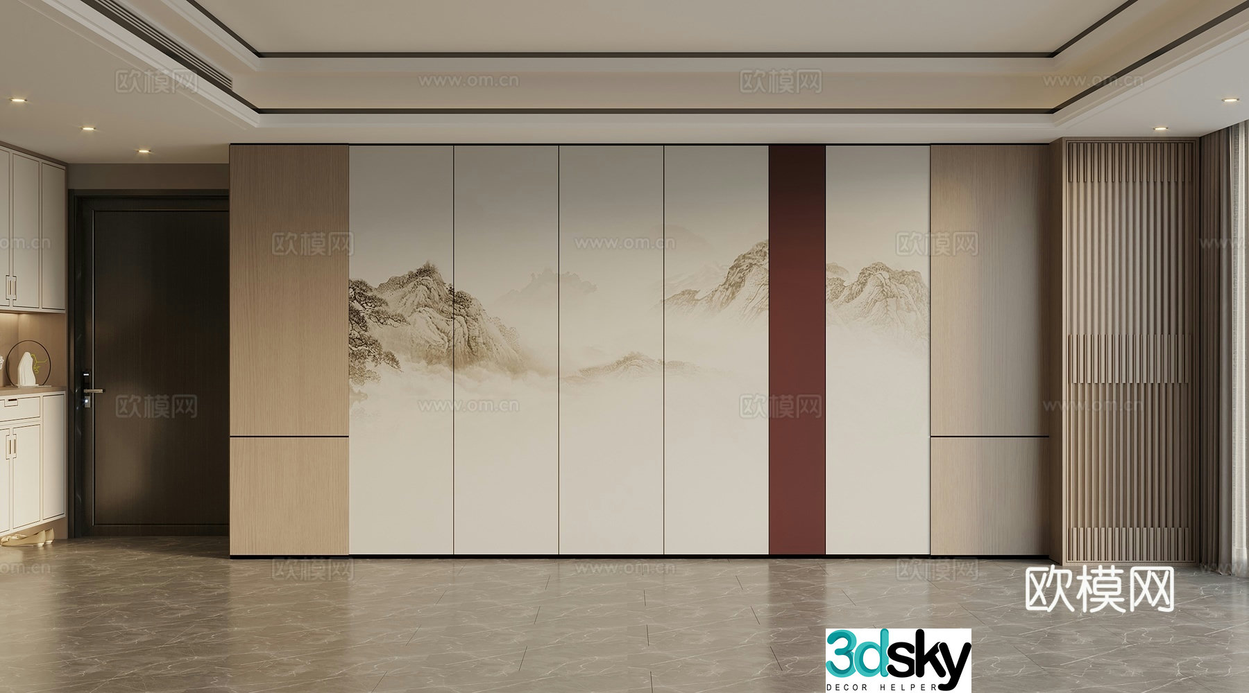 New Chinese style Living room background wall Sofa background wall Wooden veneer Hard package 3D model