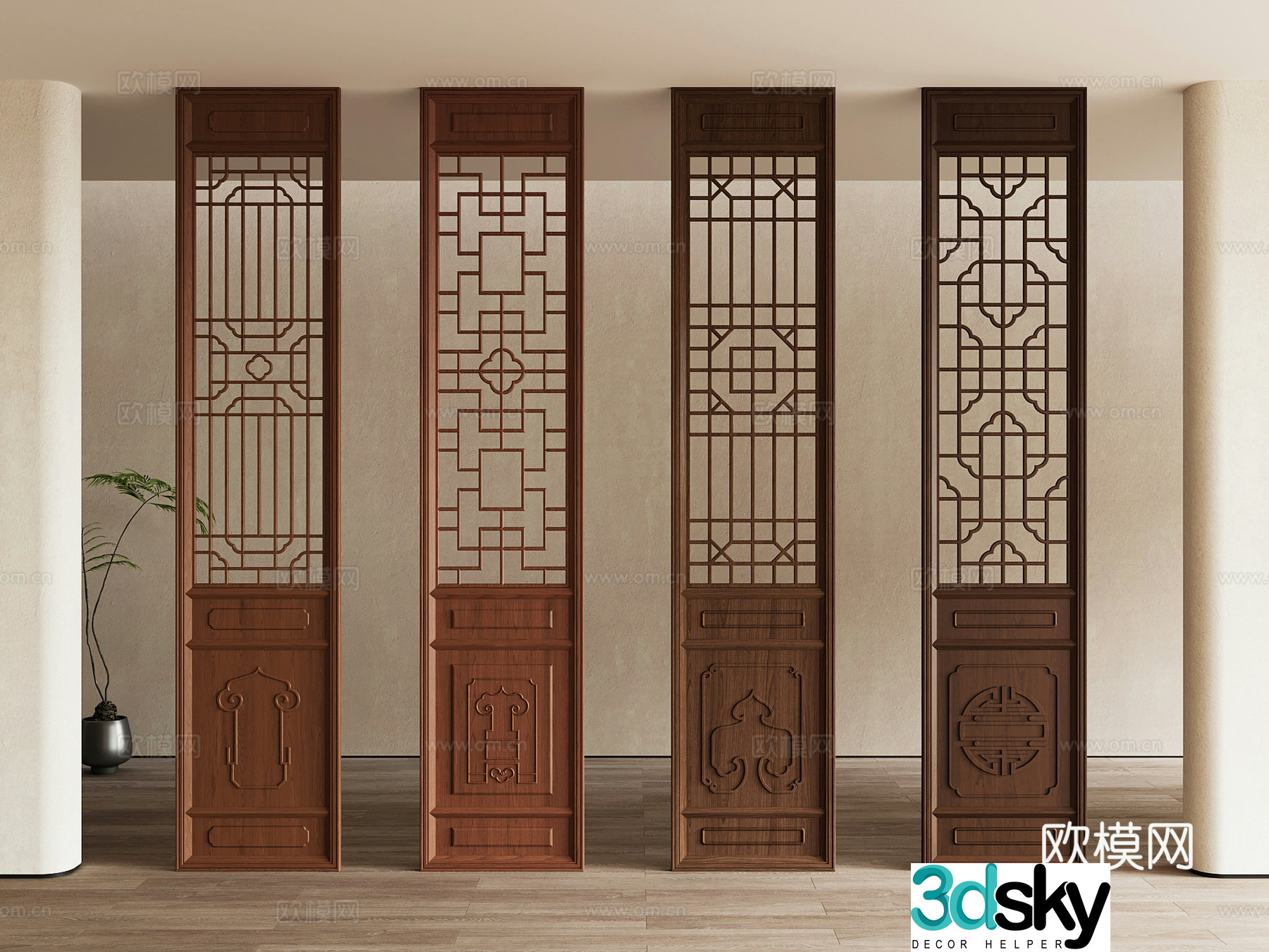 New Chinese style partition screen grid parquet carved wooden partition partition door 3d model