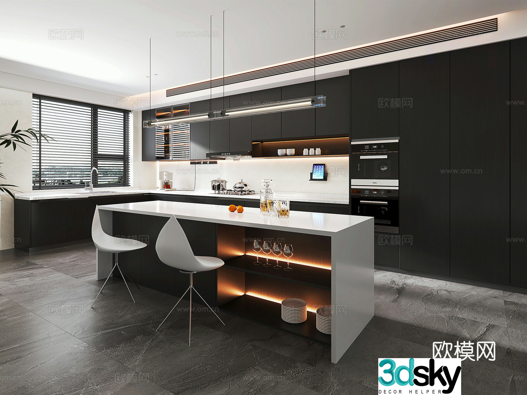 Italian style open kitchen dining cabinet dining bar dining chair dining chandeliers kitchen 3d model