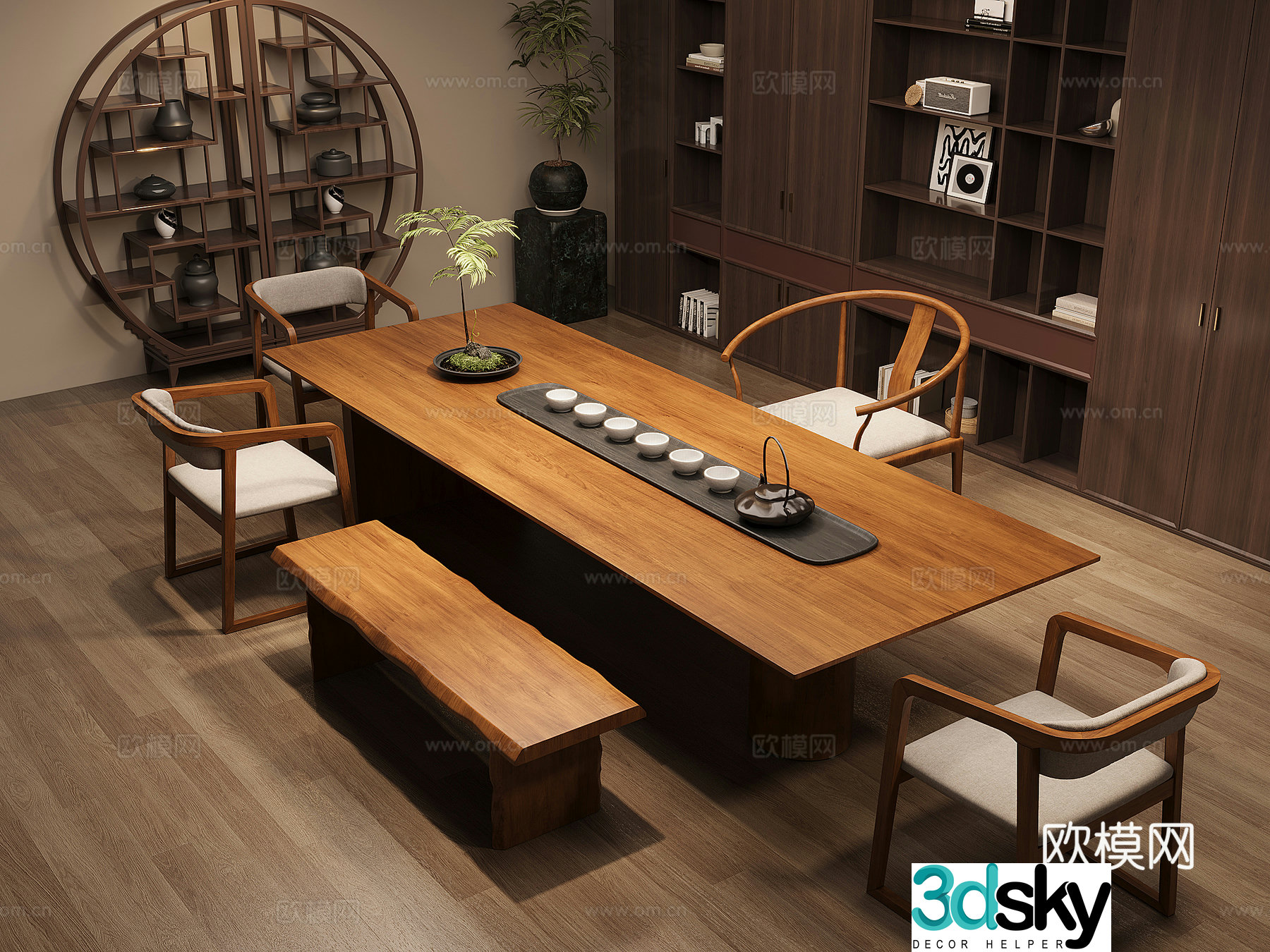 New Chinese-style solid wood tea table and chair combination large board table tea table solid wood storage cabinet tea cabinet 3D model