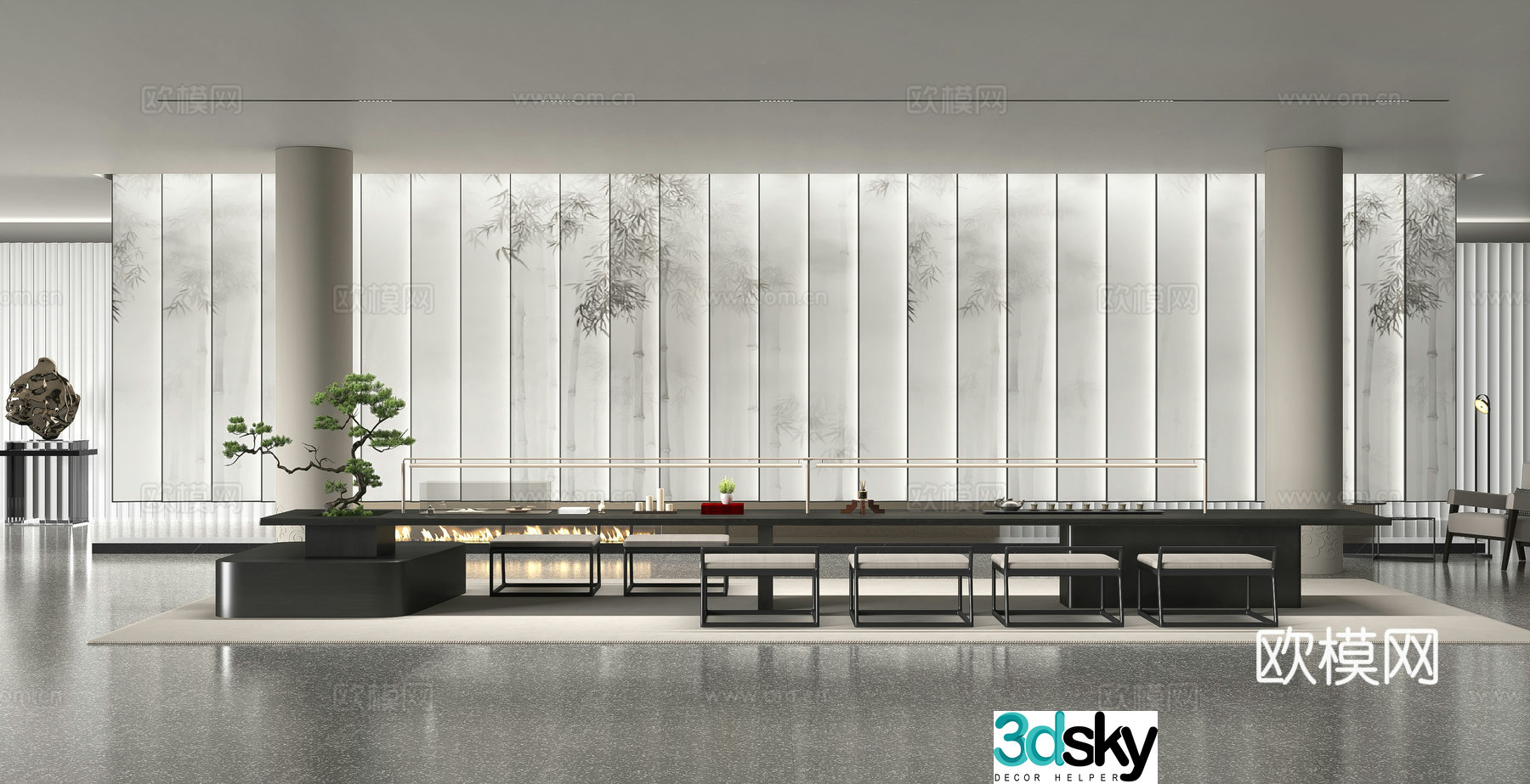 New Chinese style tea room tea room background wall tea table and chair combination 3D model