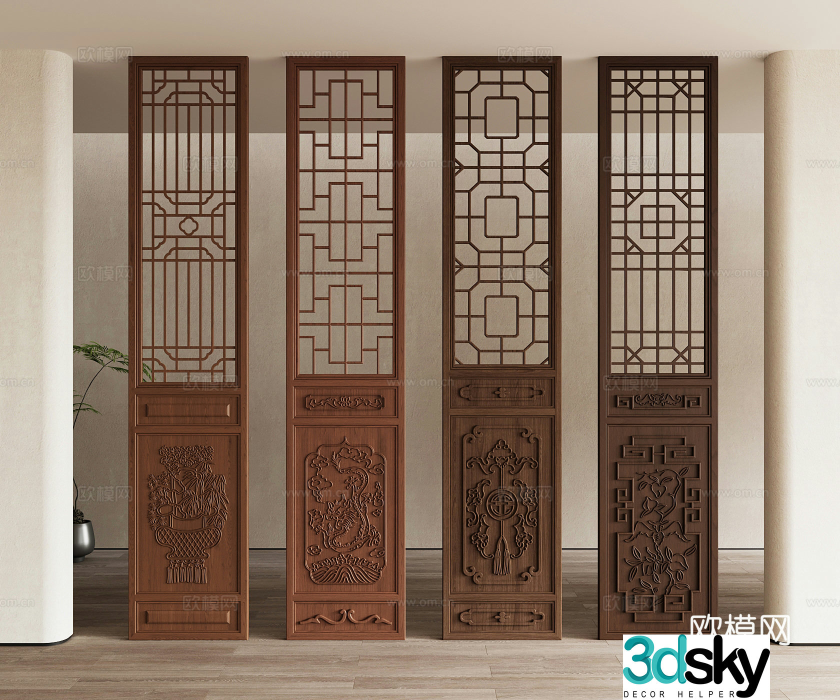 New Chinese style partition screen grid parquet carved wooden partition partition door 3d model