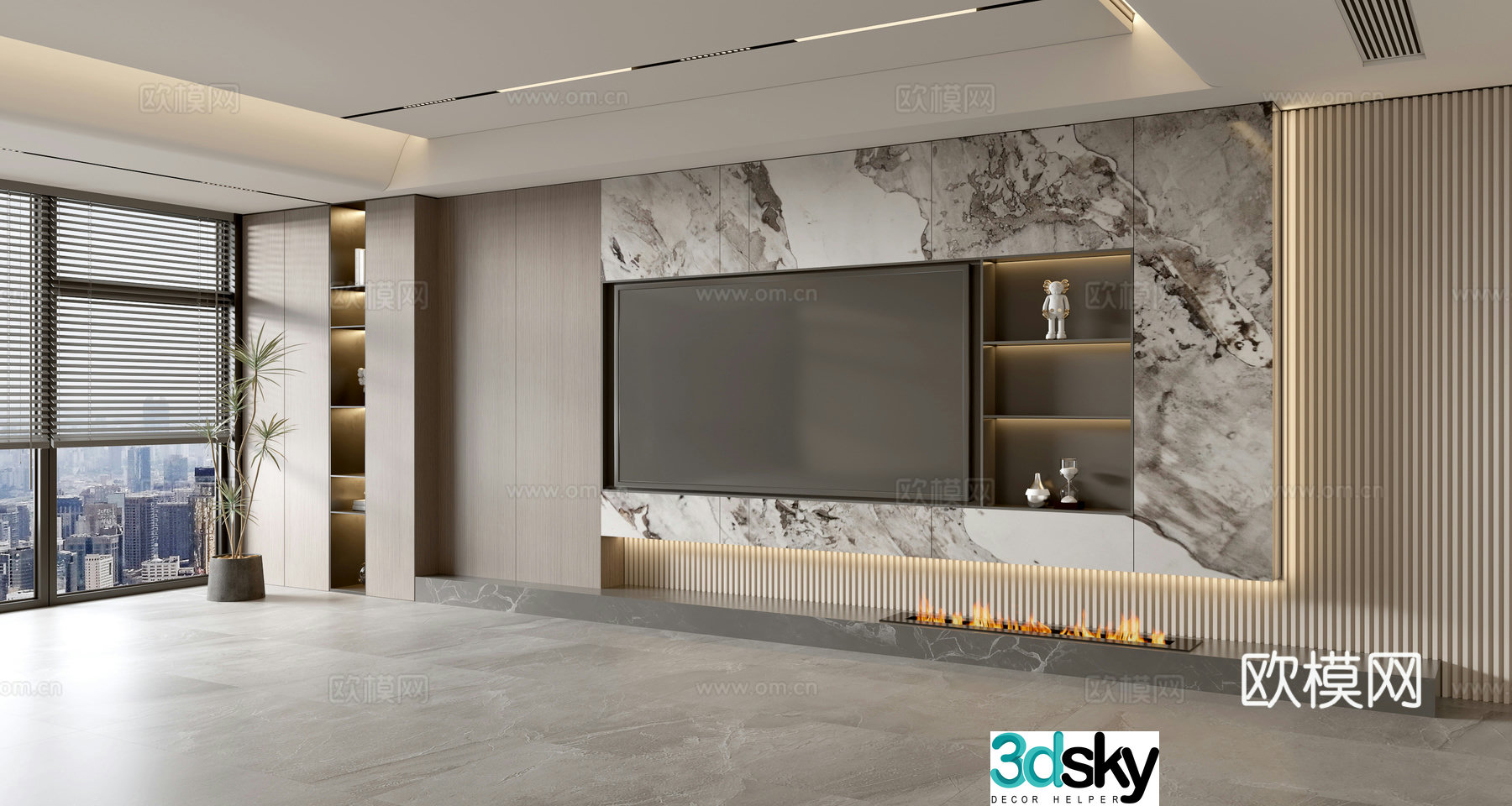 Modern Italian living room light luxury TV background wall full wall TV cabinet marble background wall 3d model
