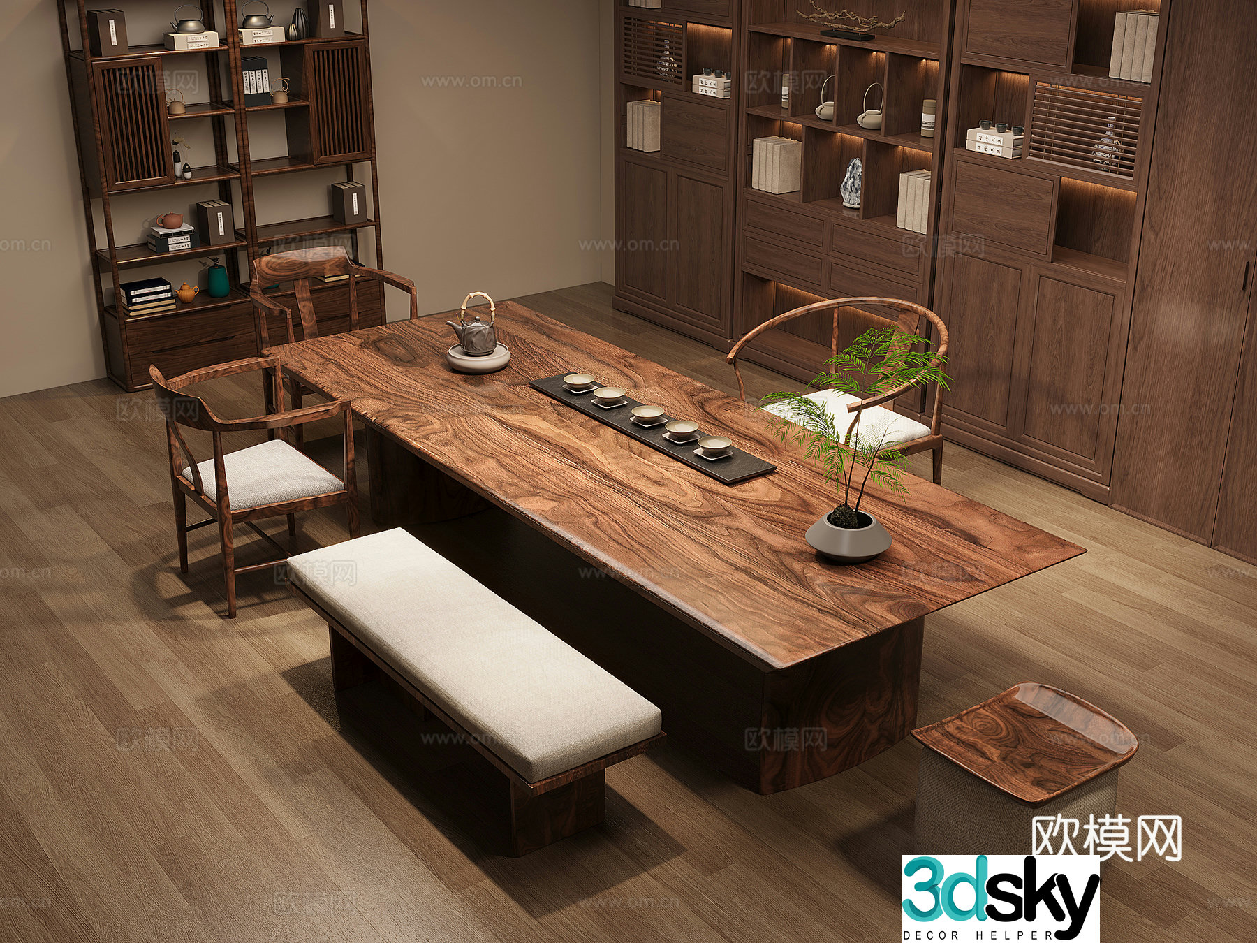 New Chinese-style solid wood tea table and chair combination large board table tea table solid wood storage cabinet tea cabinet 3D model