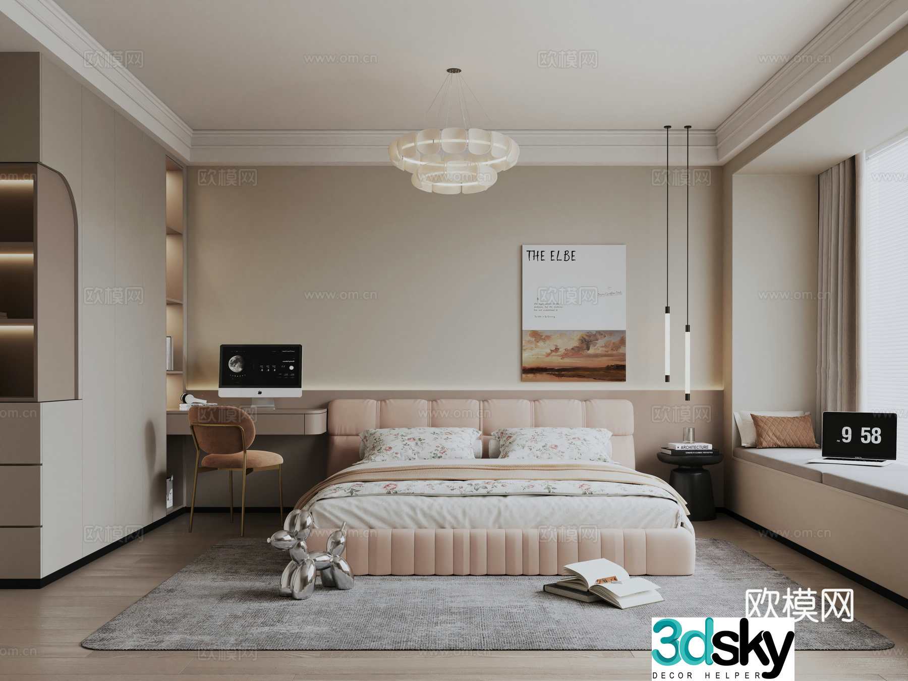 Modern creamy bedroom 3d model