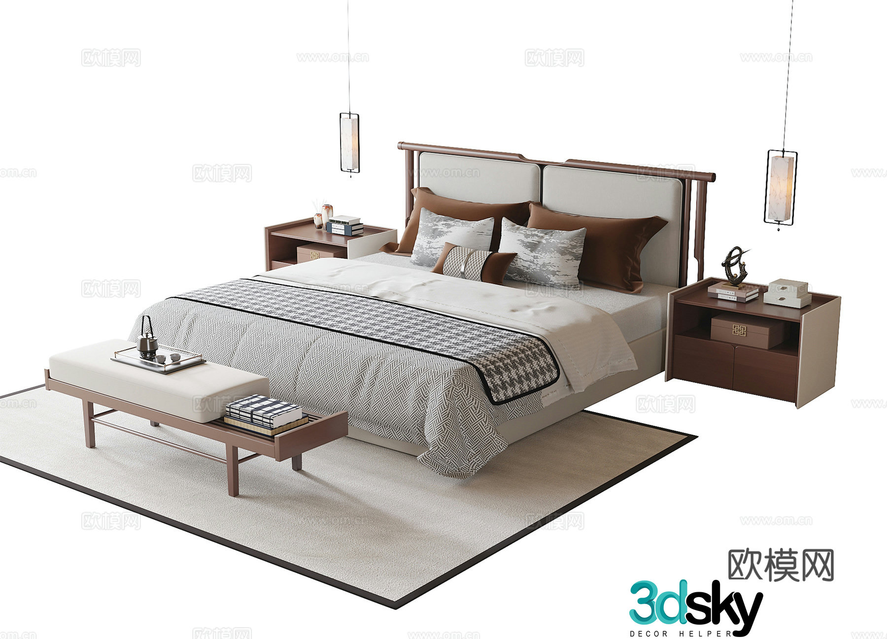 New Chinese style double bed bed nightstand bed tail stool bed head chandelier 3D model