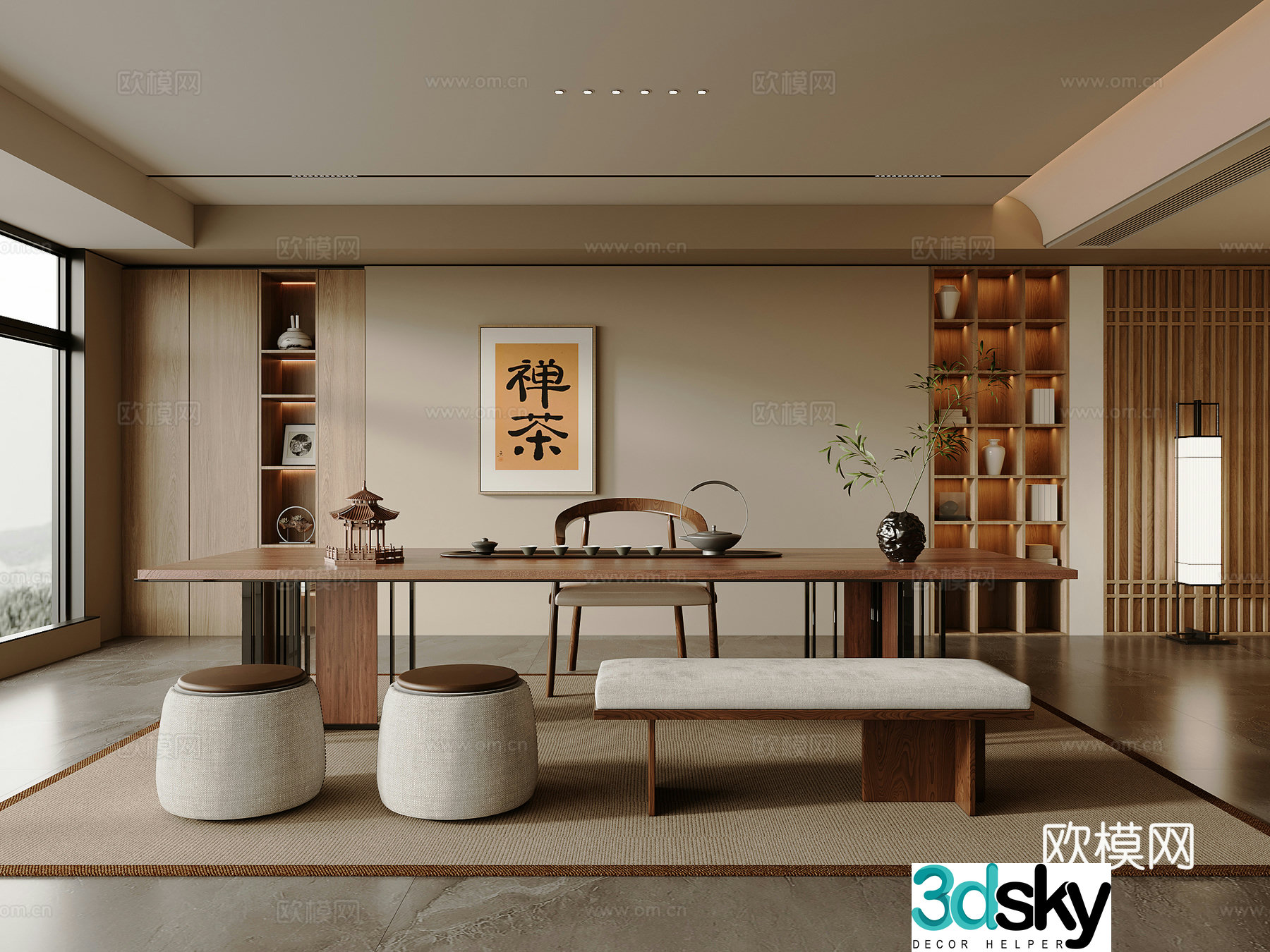 Solid wood tea table and chair combination large table and tea table tea set supplies decorative tea cabinet solid wood single chair 3D model