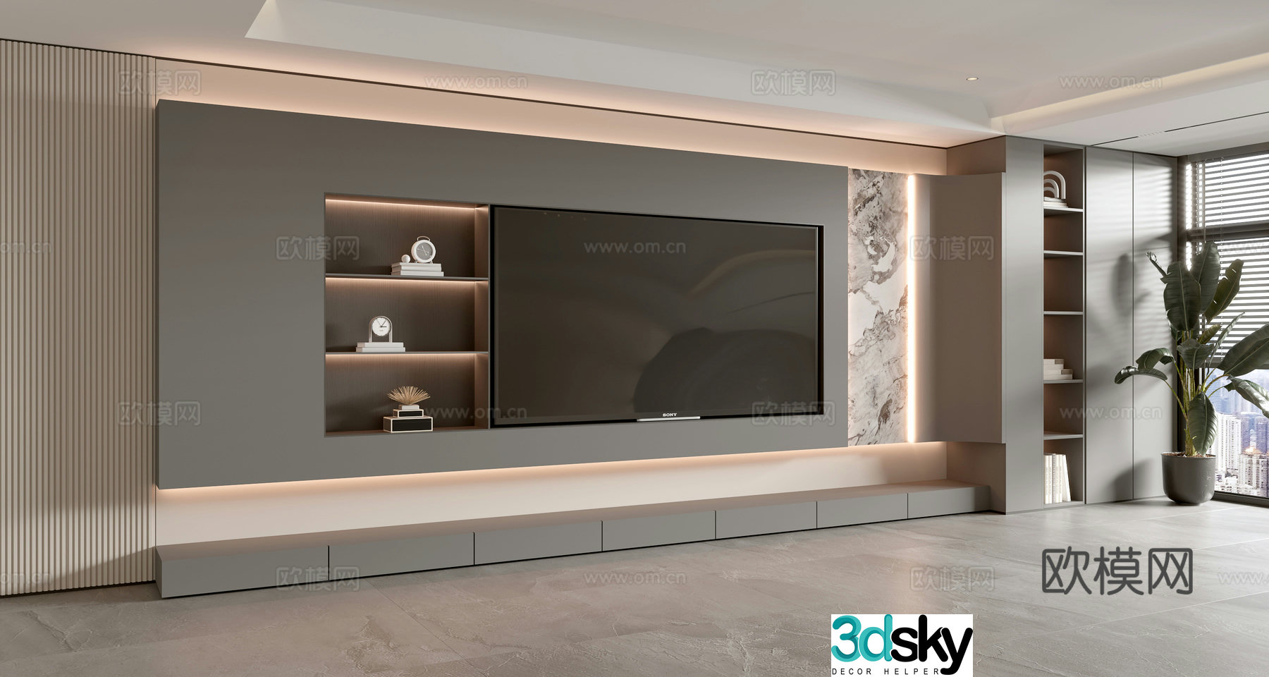 Modern Italian living room light luxury TV background wall full wall TV cabinet marble background wall 3d model
