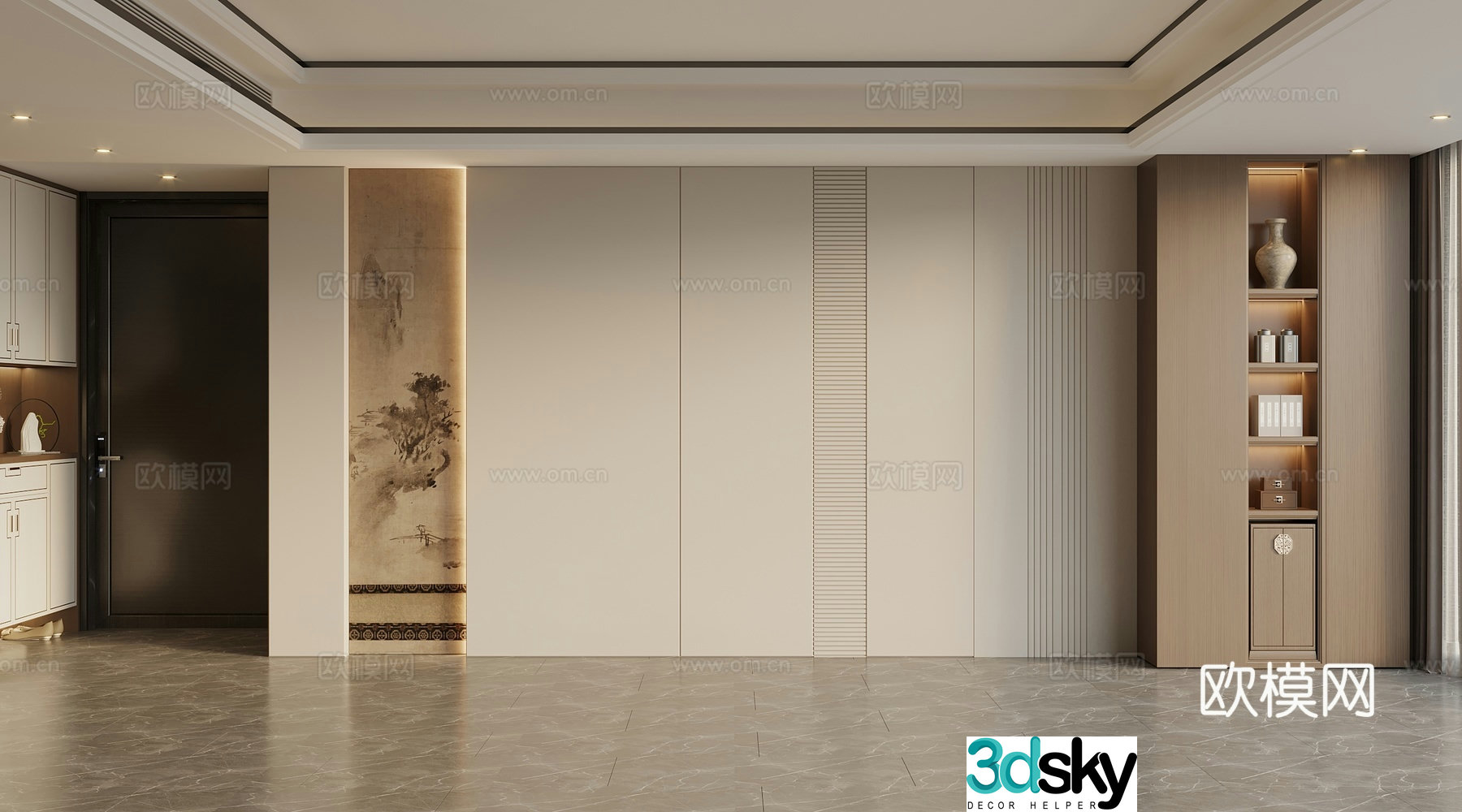 New Chinese style Living room background wall Sofa background wall Wooden veneer Hard package 3D model