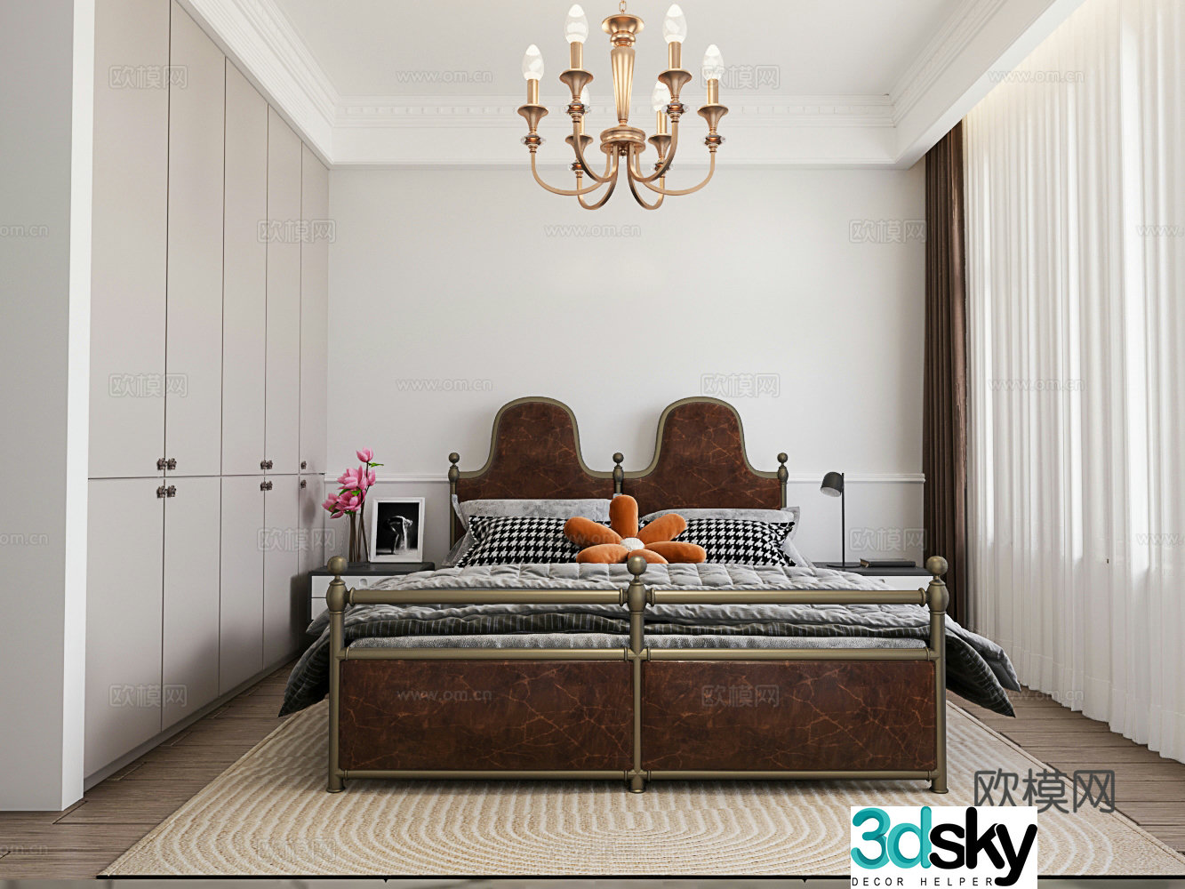 Chinese style bedroom master bedroom wrought iron double bed 3D model