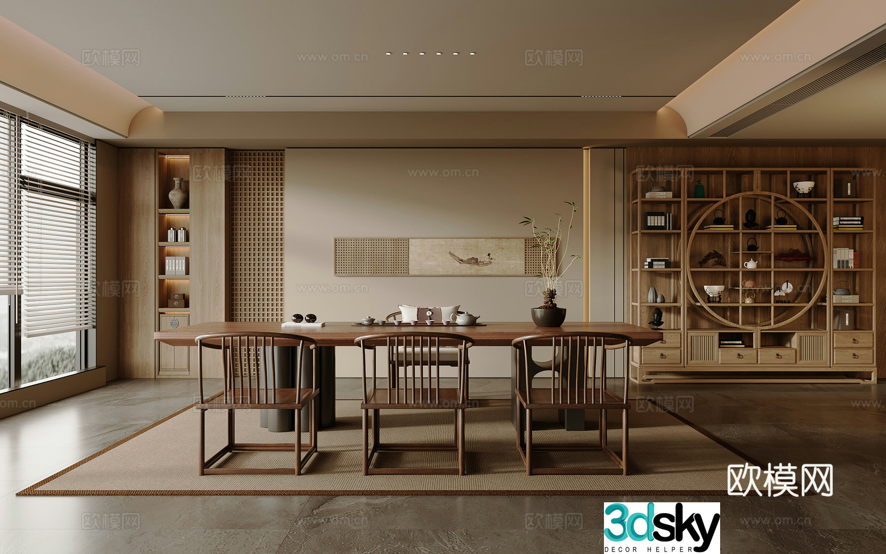 Solid wood tea table and chair combination Bogu shelf Large board table and tea table Tea set supplies Tea room 3D model