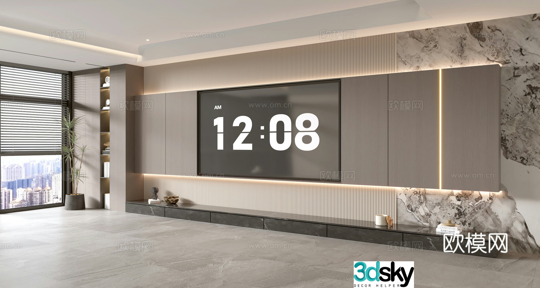 Modern Italian living room light luxury TV background wall full wall TV cabinet marble background wall 3d model