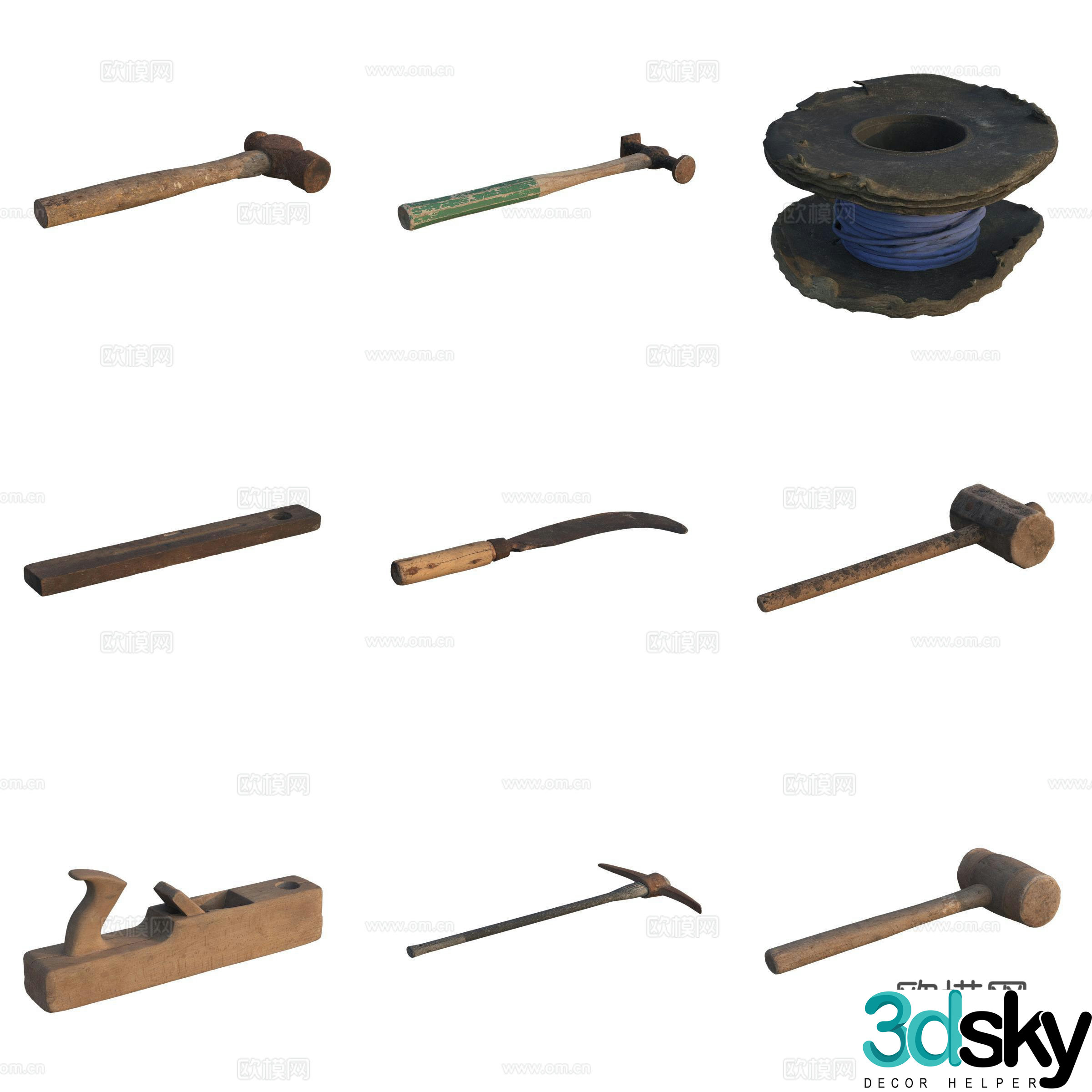 Farm tool axe hammer awl sickle wrench coil 3d model