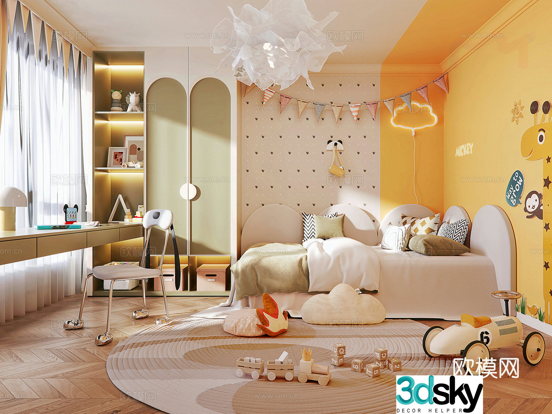 Modern style children’s room desk and chair combination children’s bed children’s wardrobe toys and ornaments round 3d model