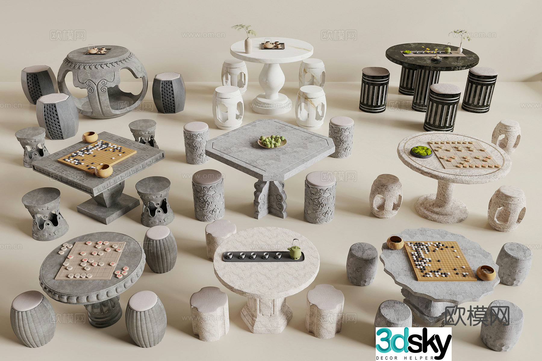 Chinese stone table and stone bench 3D model