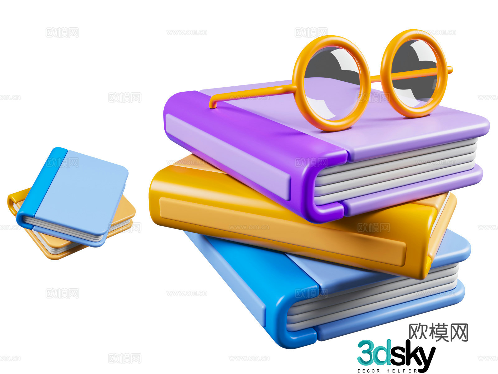 Cartoon style books book and glasses cartoon education theme 3d model