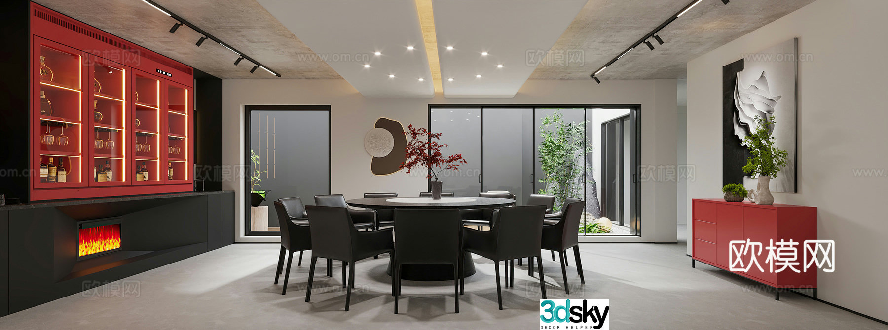 Minimalist private room restaurant Minimalist wine cabinet fireplace Sideboard Minimalist abstract painting Wall decoration Round dining 3D model