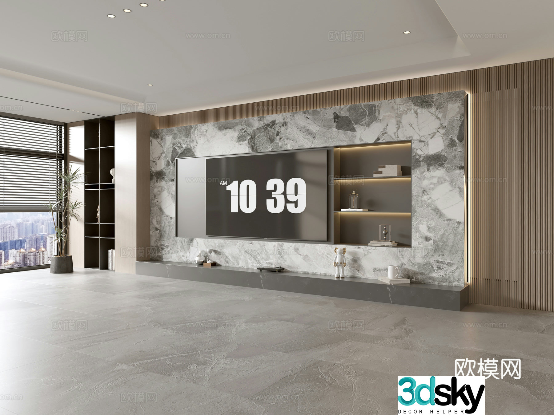 Modern Italian living room light luxury TV background wall full wall TV cabinet marble background wall 3d model