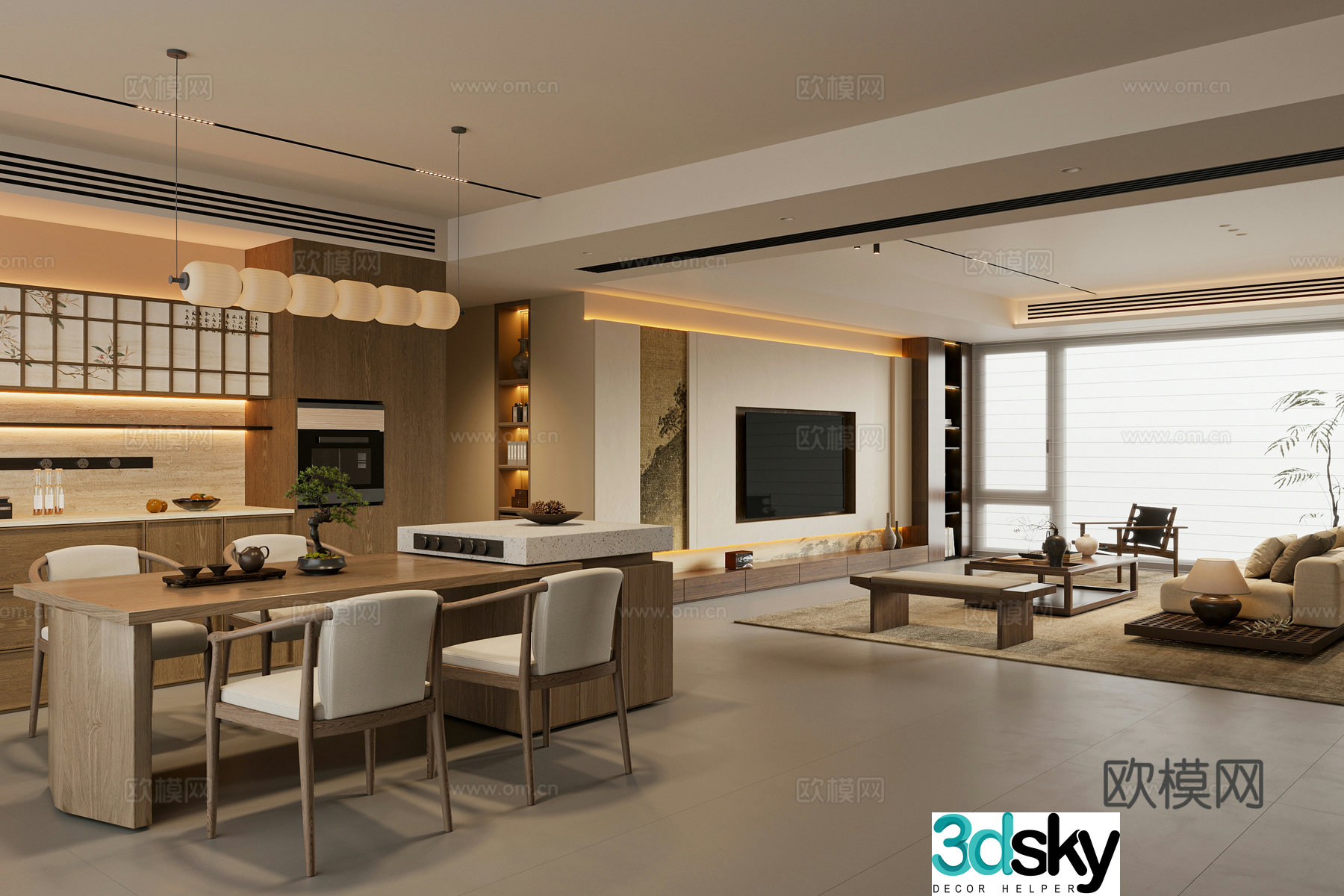New Chinese style living and dining room New Chinese style island table sideboard sofa coffee table combination TV cabinet 3D model
