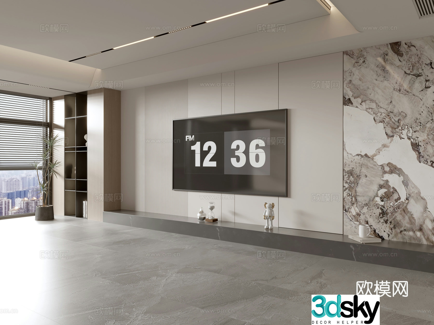 Modern Italian living room light luxury TV background wall full wall TV cabinet marble background wall 3d model