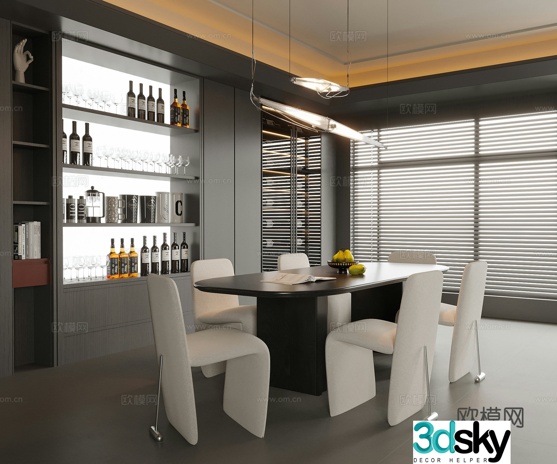 Modern restaurant dining table and chair wine cabinet sideboard 3d model