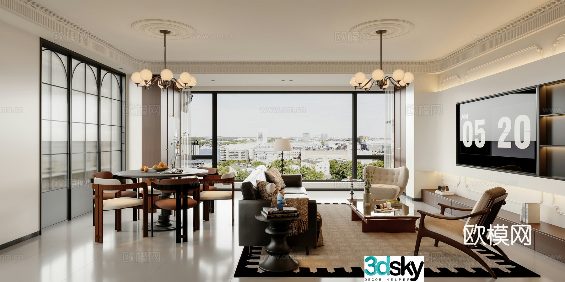 Modern living and dining room 3d model