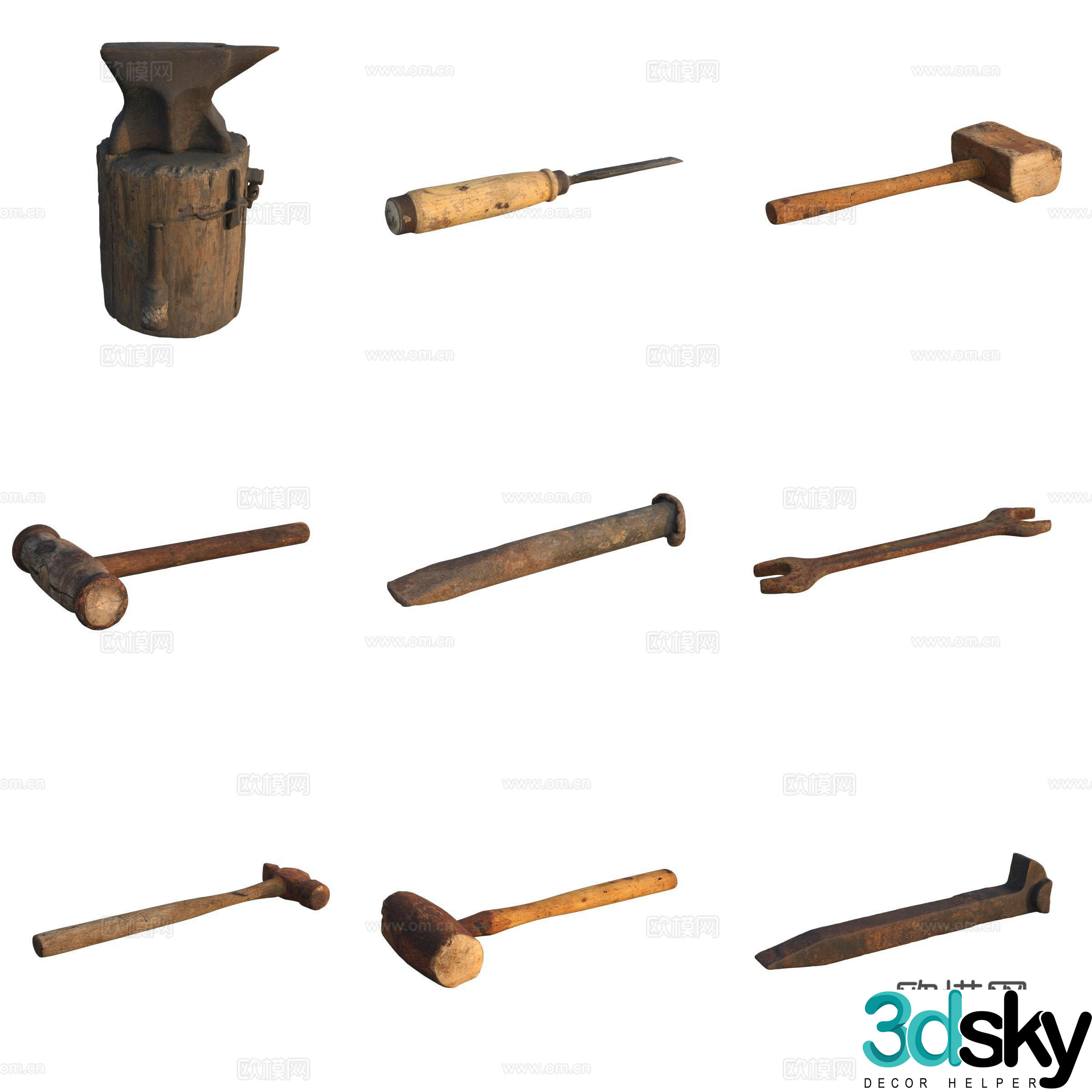 Farm tool axe pick hammer wrench awl 3d model