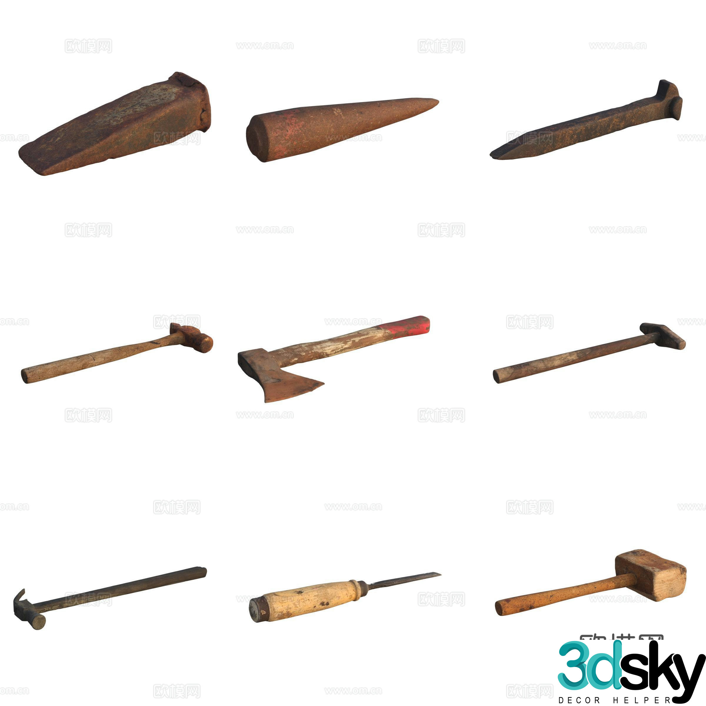 Farm tool axe pick hammer awl 3d model