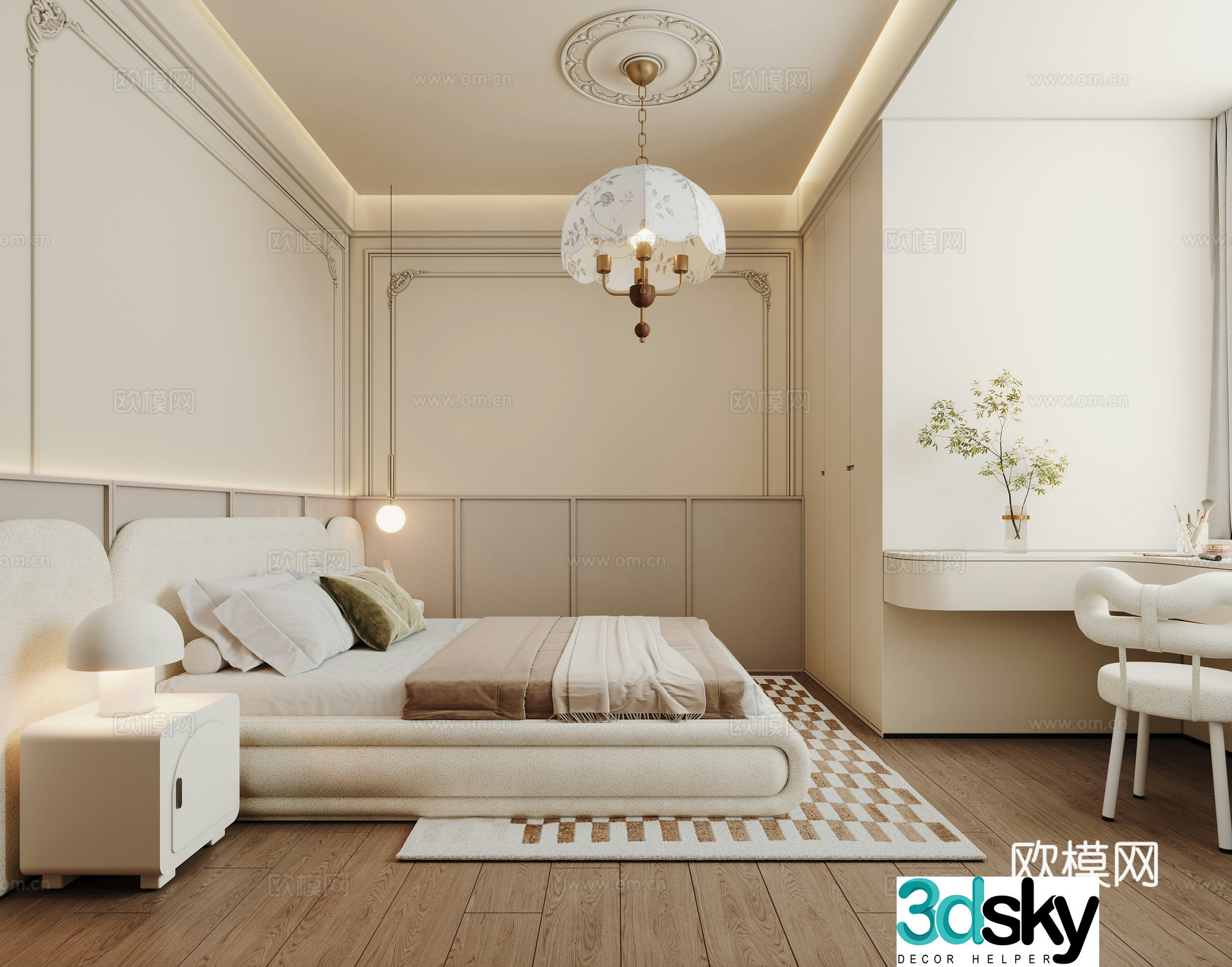 French children’s room chandeliers single chair bedside table double bed desk 3d model