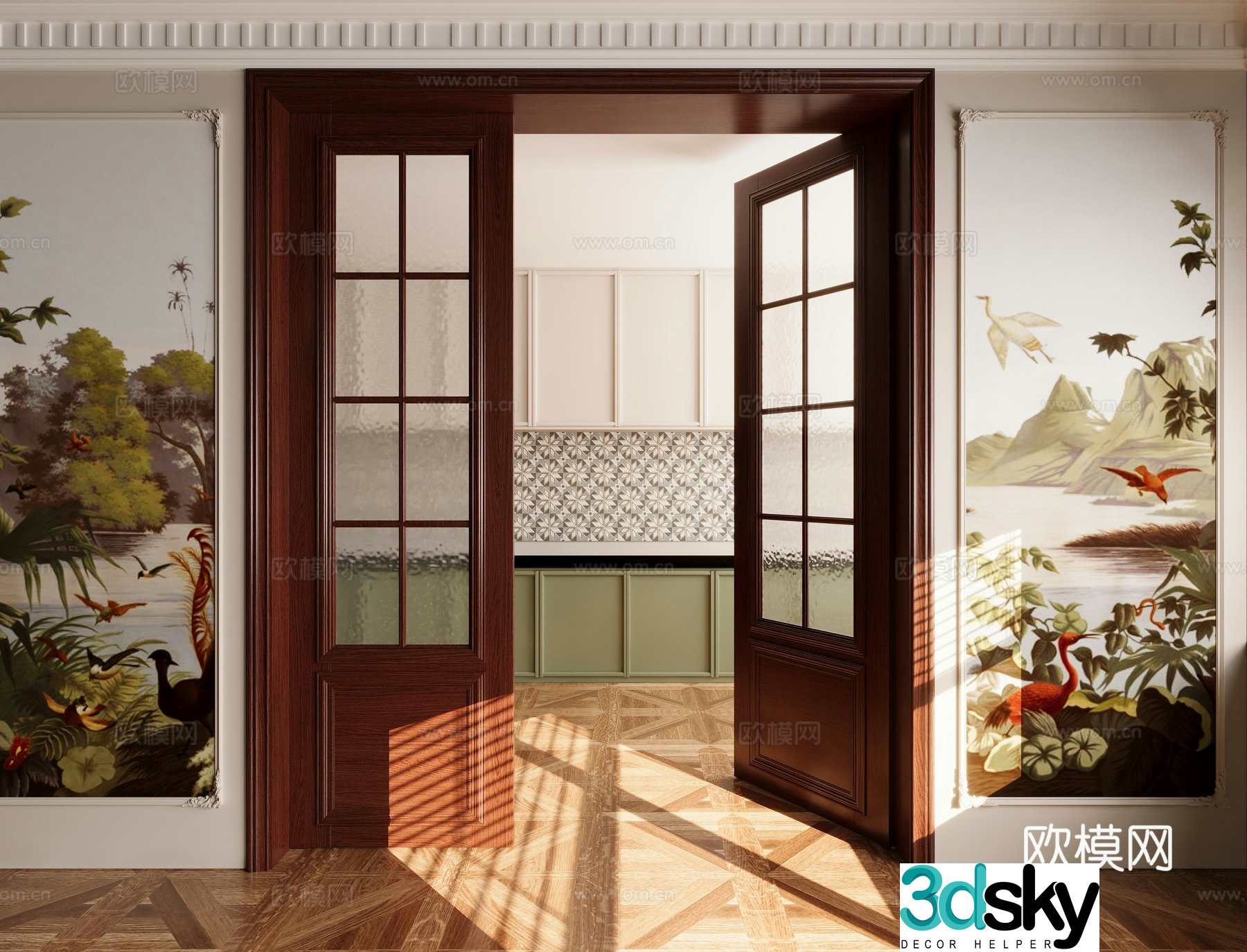 Retro European style glass kitchen door 3d model
