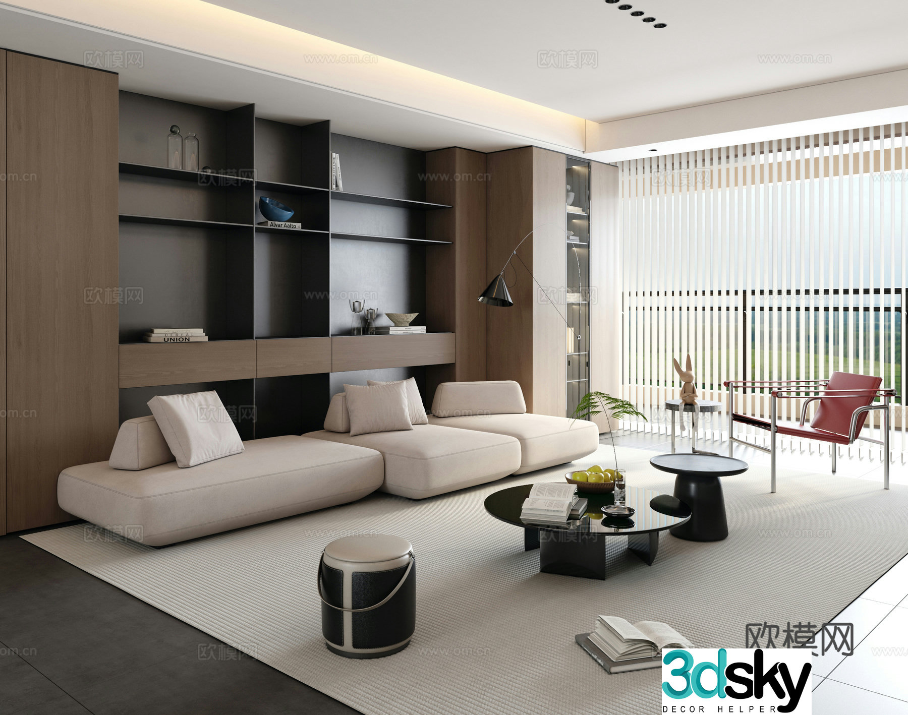 Italian minimalist living room large flat floor horizontal hall modern minimalist living room 3D model