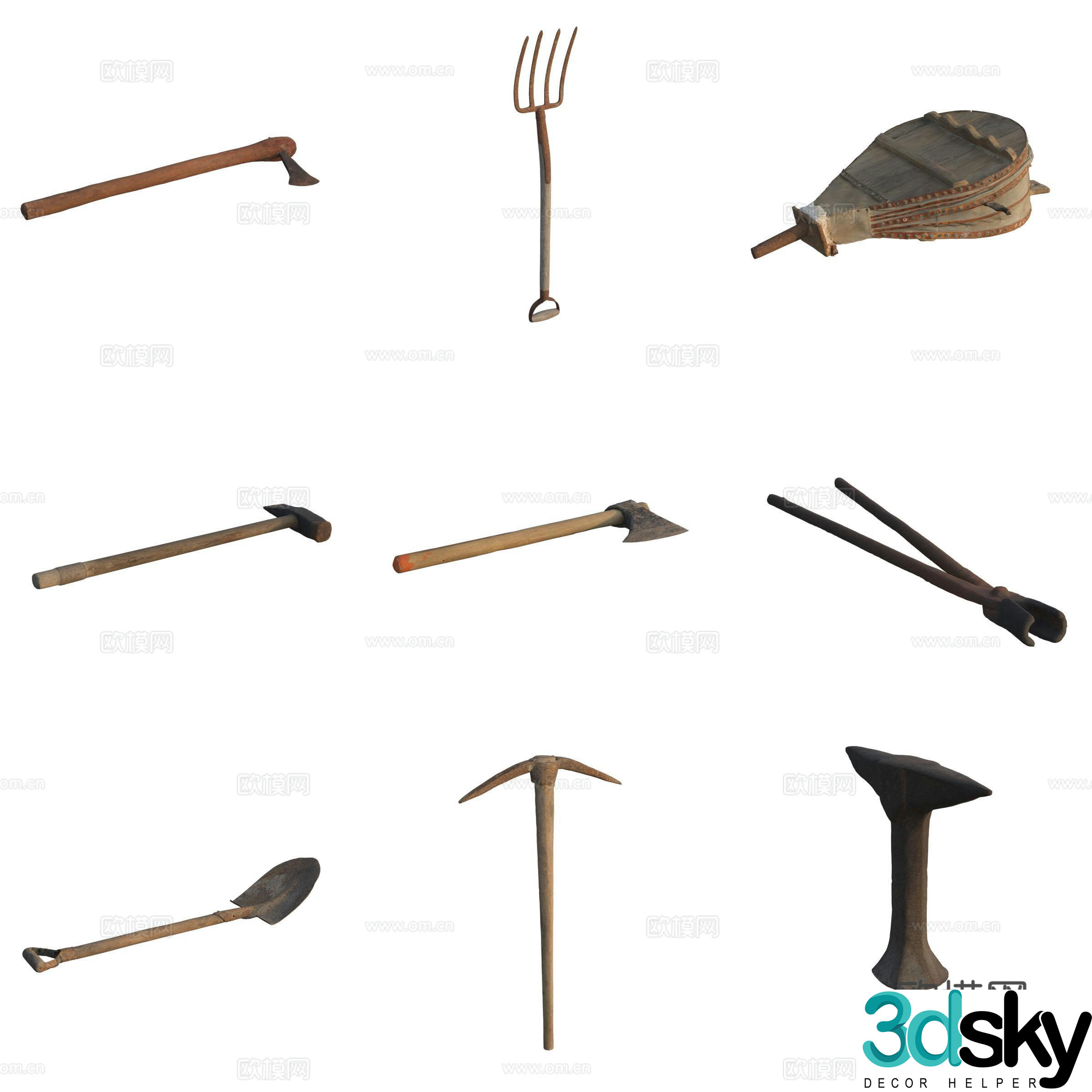 Farm tool axe shovel pickaxe bellows 3d model