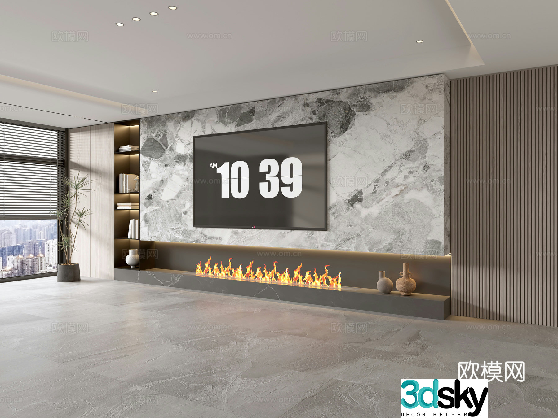 Modern Italian living room light luxury TV background wall full wall TV cabinet marble background wall 3d model