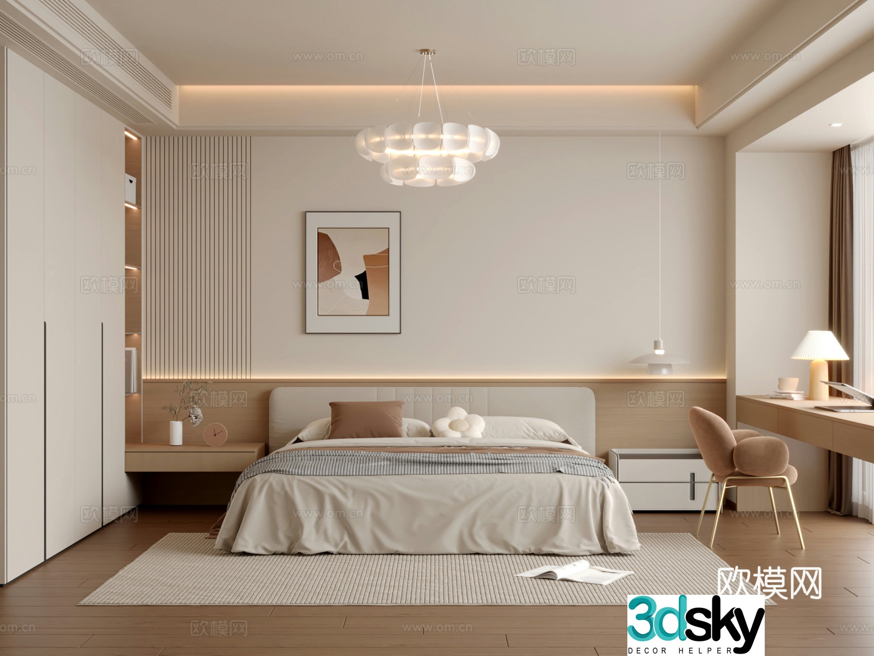 Modern creamy bedroom 3d model
