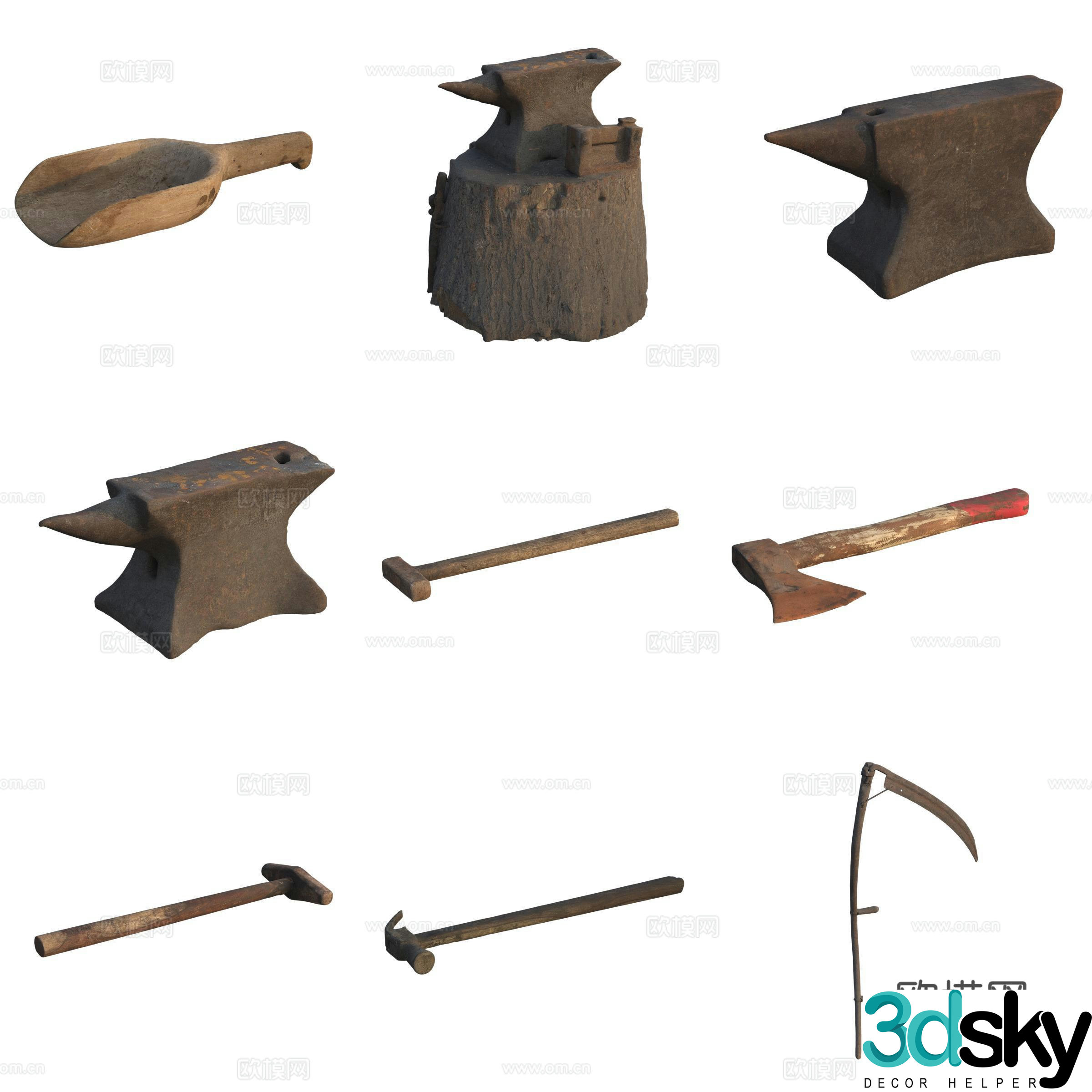 Farm tool axe pick head water scoop hammer sickle 3d model