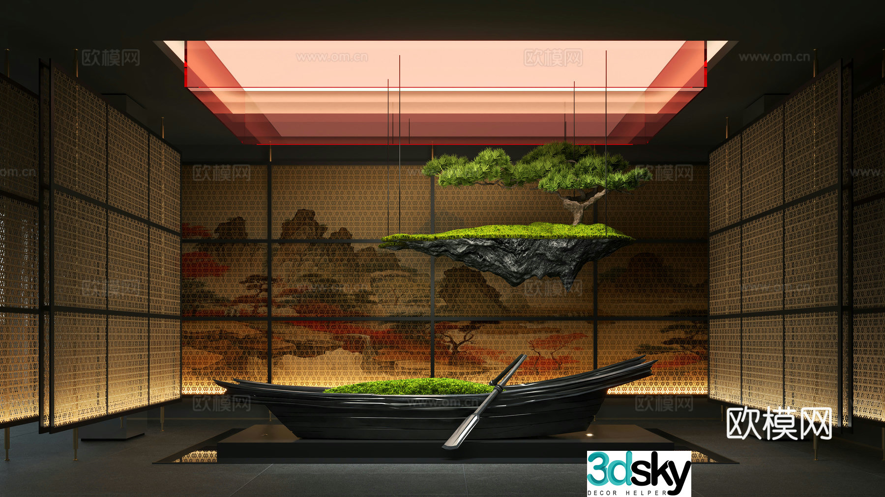 New Chinese style interior landscape landscaping hanging trees ship installation 3D model