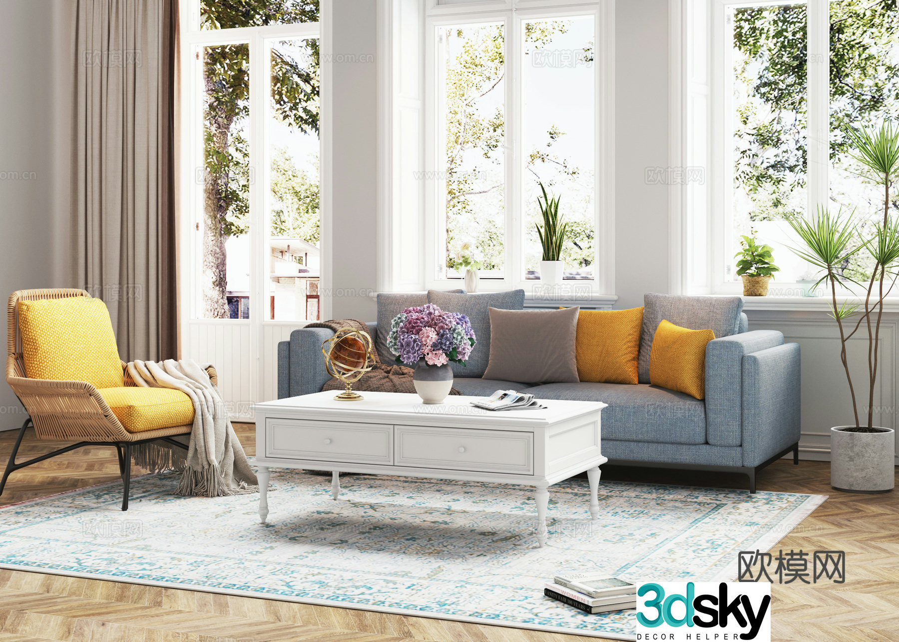 Nordic living room simple European sofa combination white coffee table living room 3d model