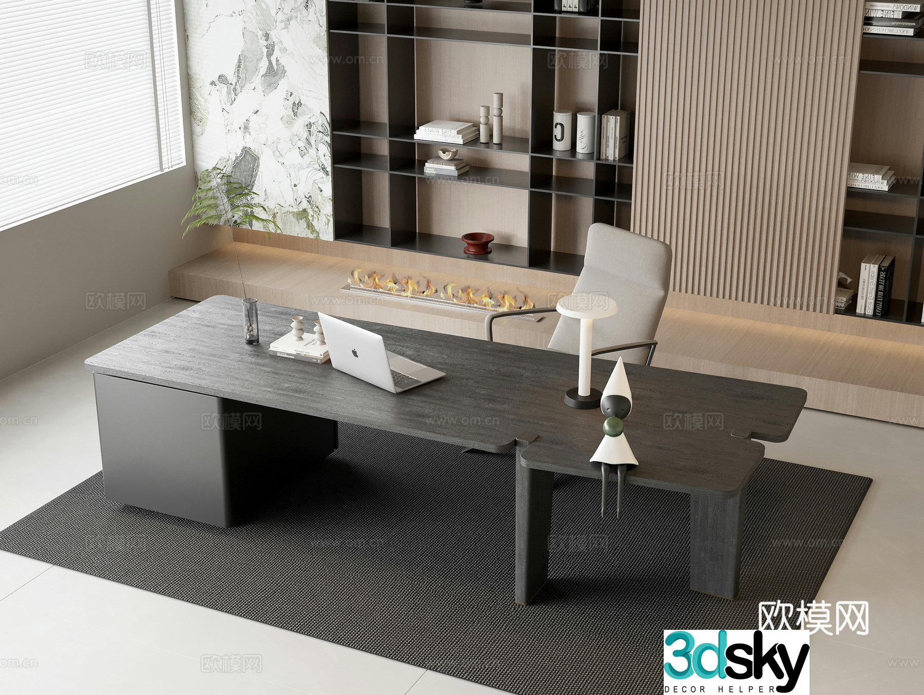 Desk and chair combination Solid wood desk Fabric leisure chair Solid wood bookcase Solid wood background decorative cabinet 3D model