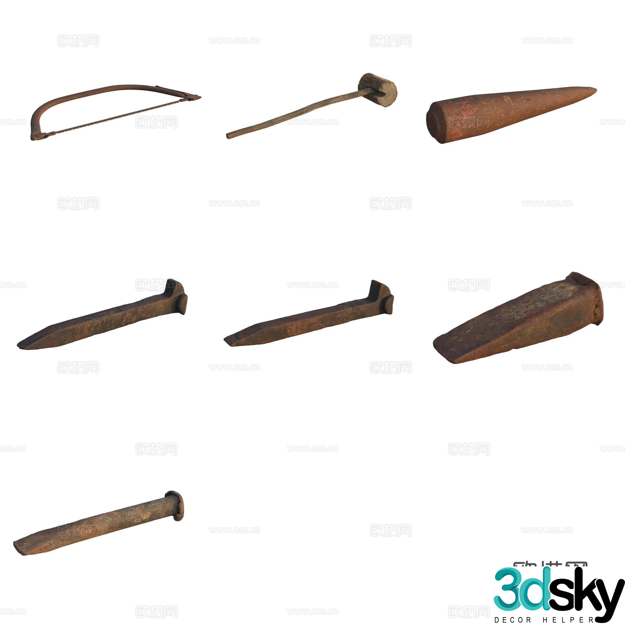 Farm tool awl pick head saw hammer 3d model