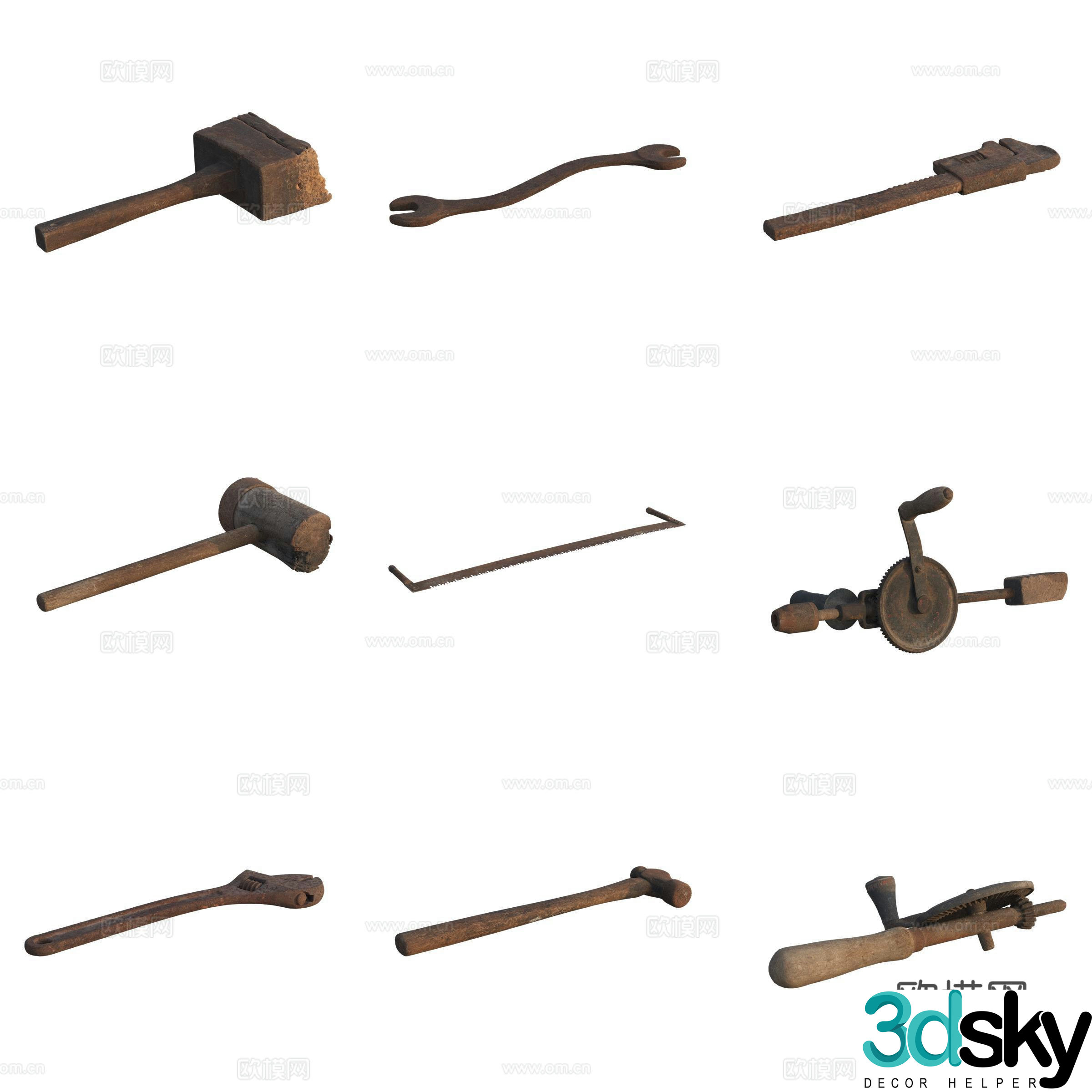 Farm tool tools axe hammer awl sickle wrench 3d model