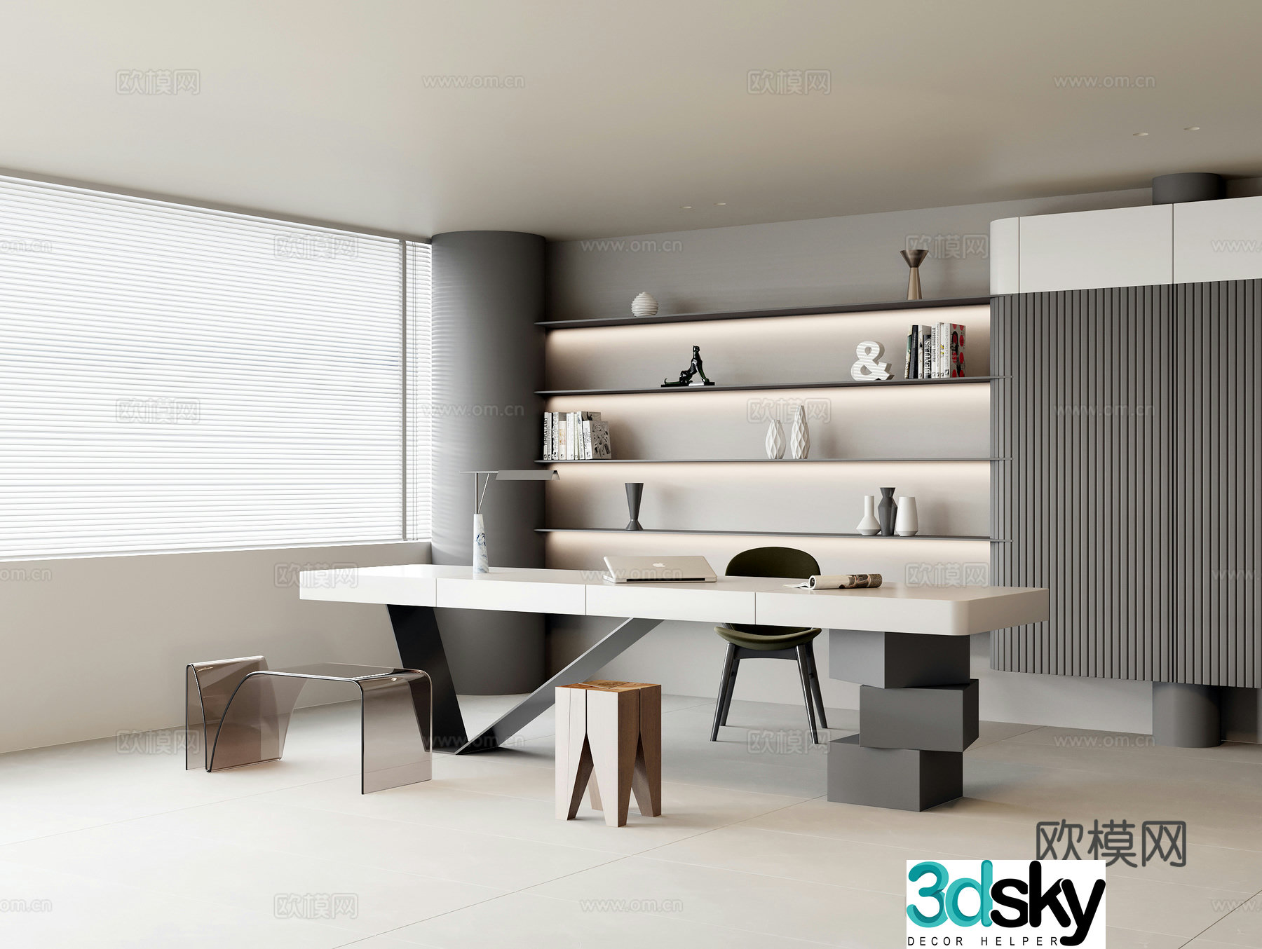 Modern simple study minimalist style study minimalist desk casual single chair acrylic bench wooden 3d model
