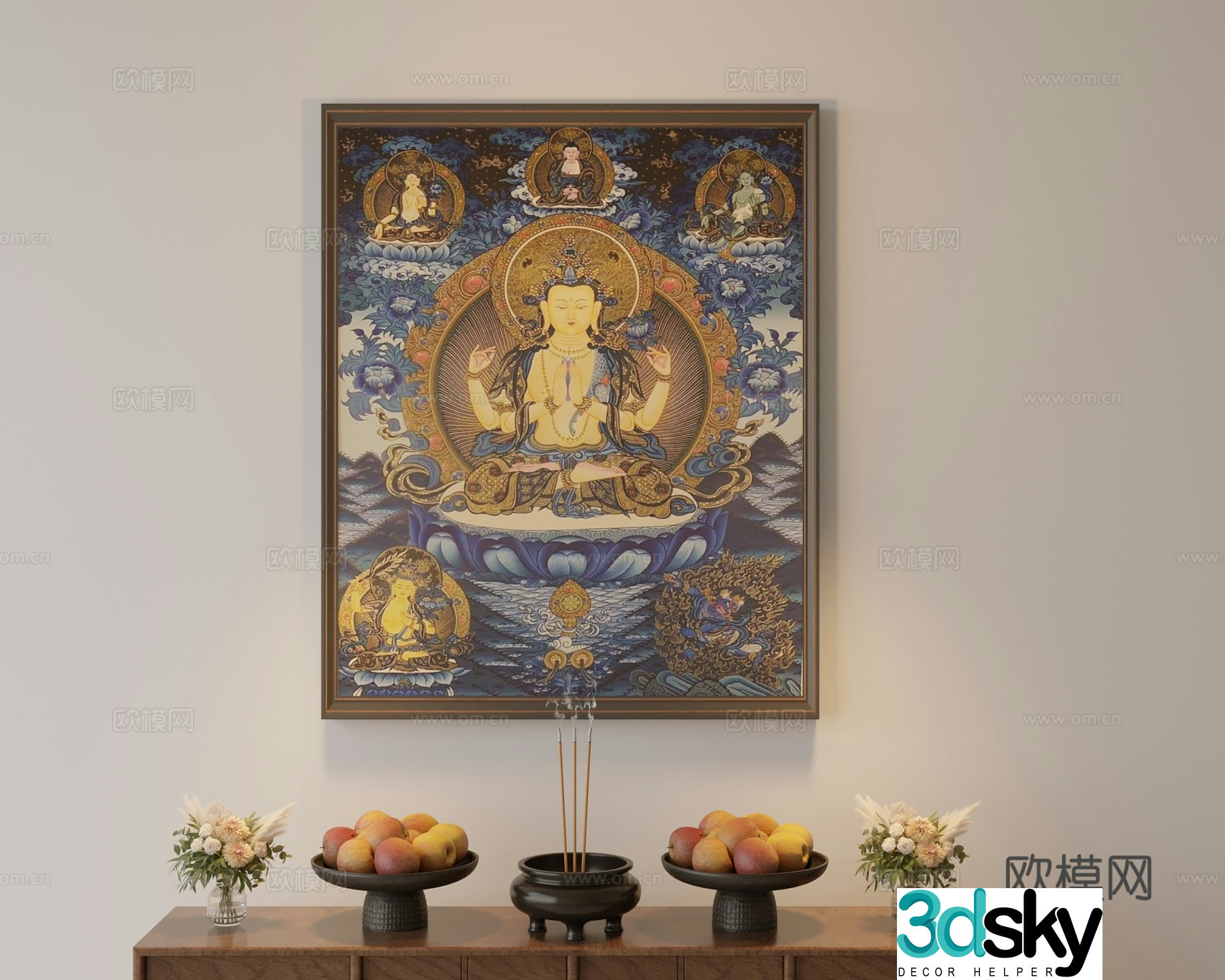 Tibetan Thangka Four-arm Guanyin hanging painting 3D model