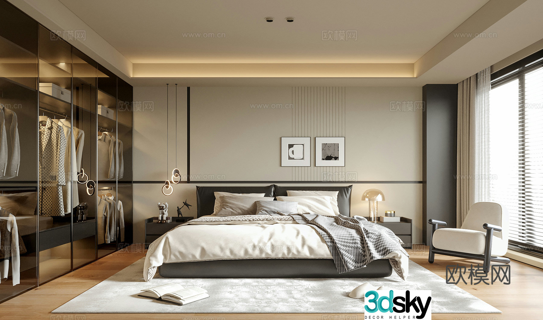 Modern bedroom bedroom without owner lights double bed nightstand 3d model