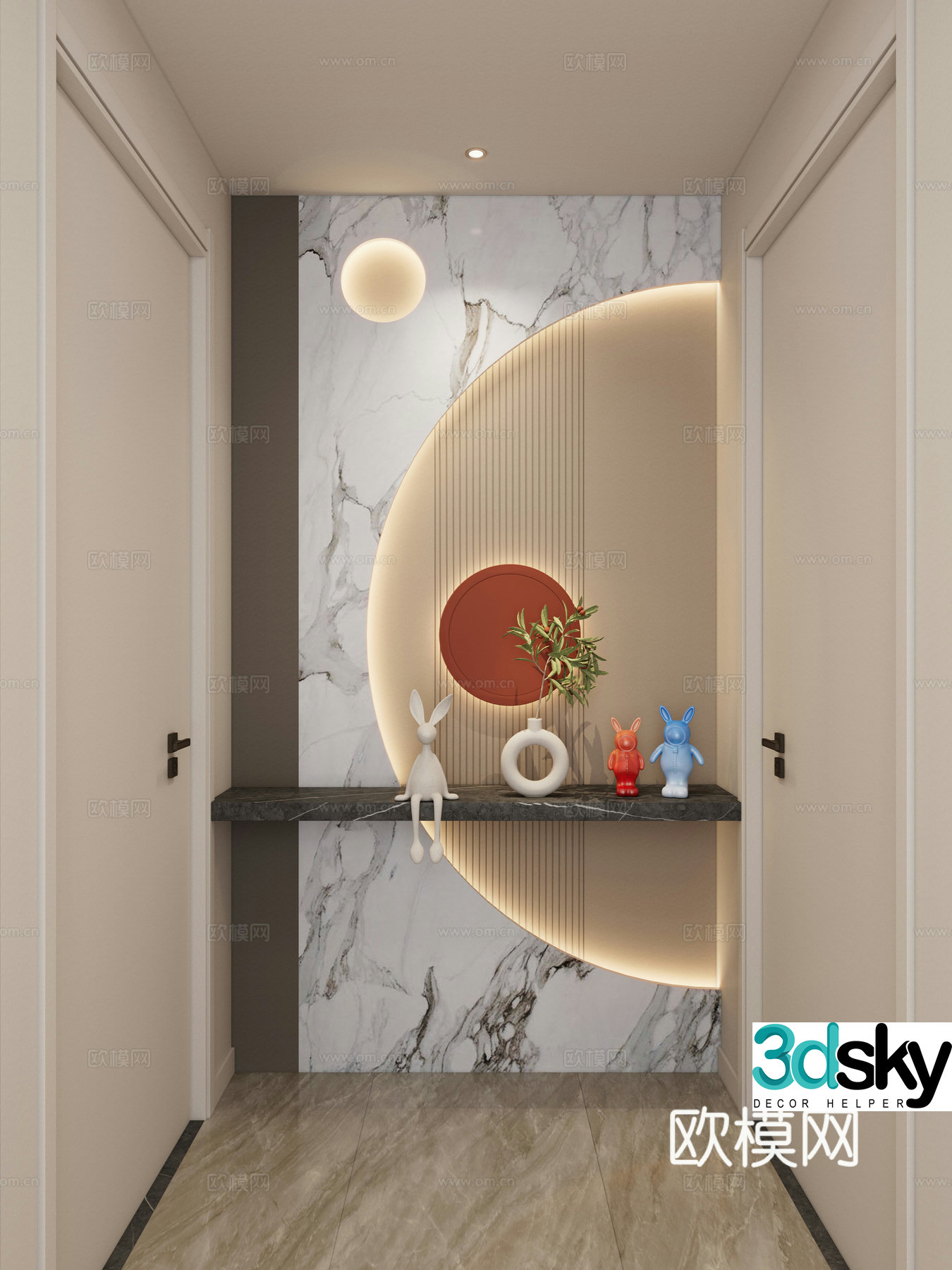 Cream Simple Style Curved Shape Hermes Orange Grid Board Corridor End View Entrance Entrance 3D Model
