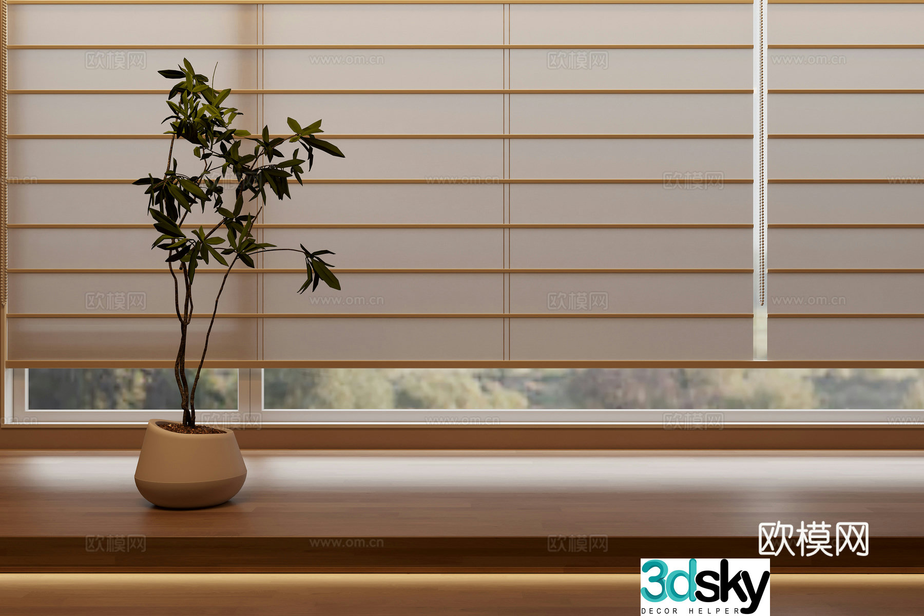 Japanese curtains folding roller blinds blackout curtains linen curtains clay pot green plants 3D model