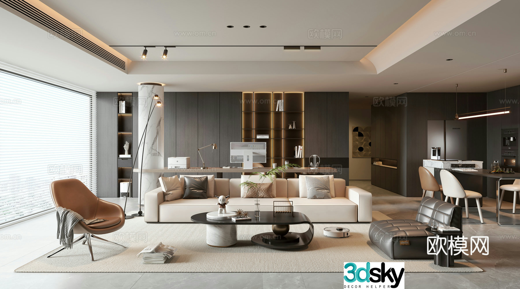 Modern living and dining room 3d model