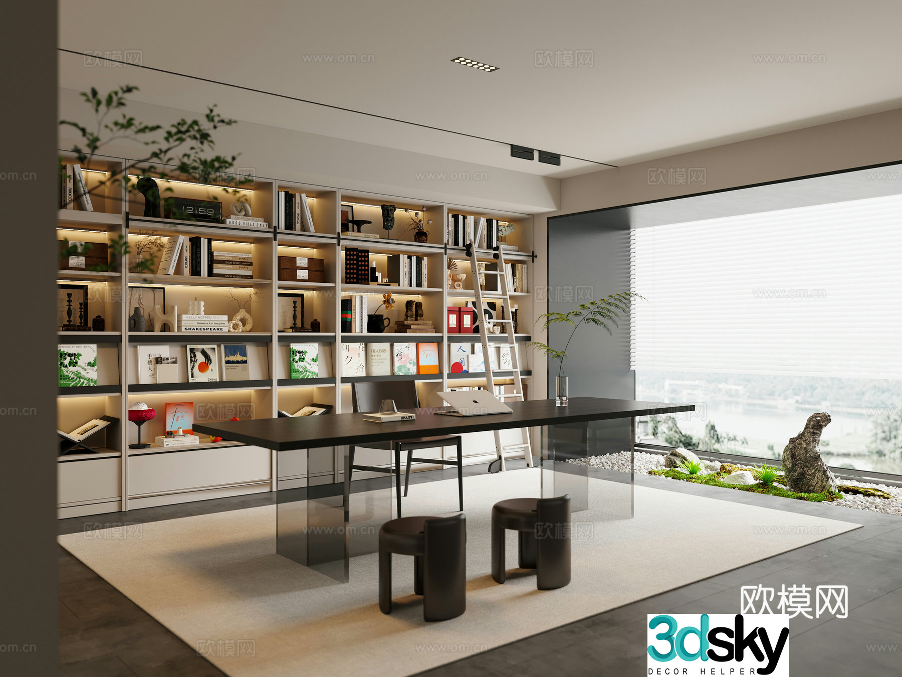 Modern study bookcase desk and chair combination 3D model