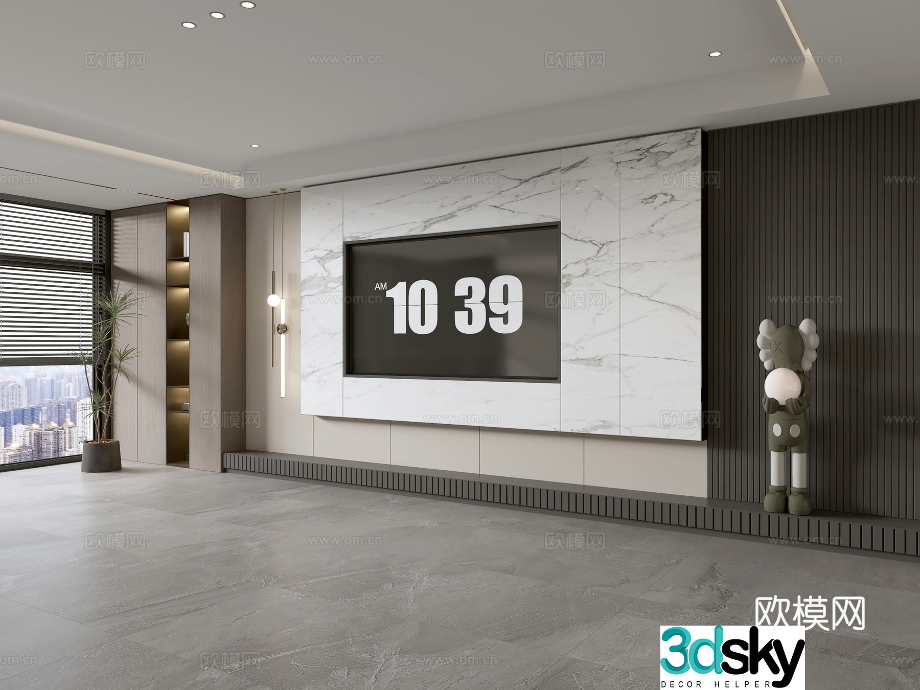Modern Italian living room light luxury TV background wall full wall TV cabinet marble background wall 3d model