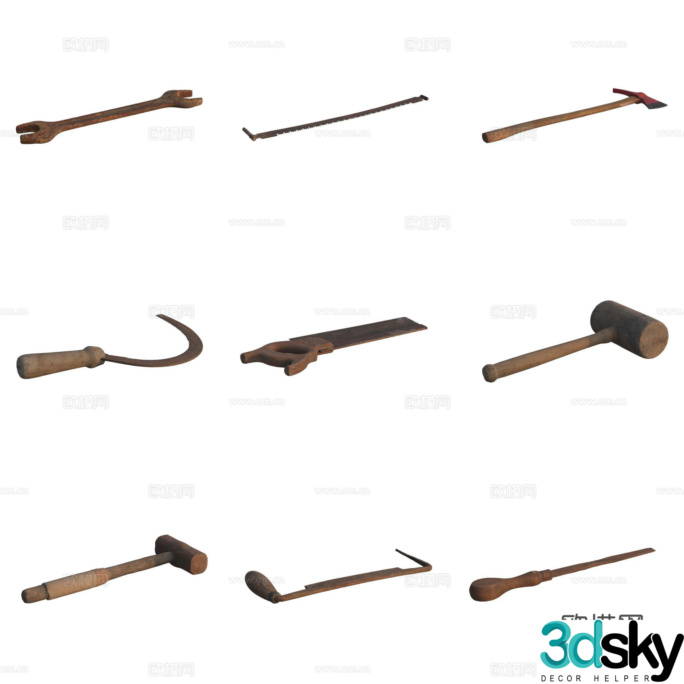 Farm tool axe hammer awl sickle wrench 3d model